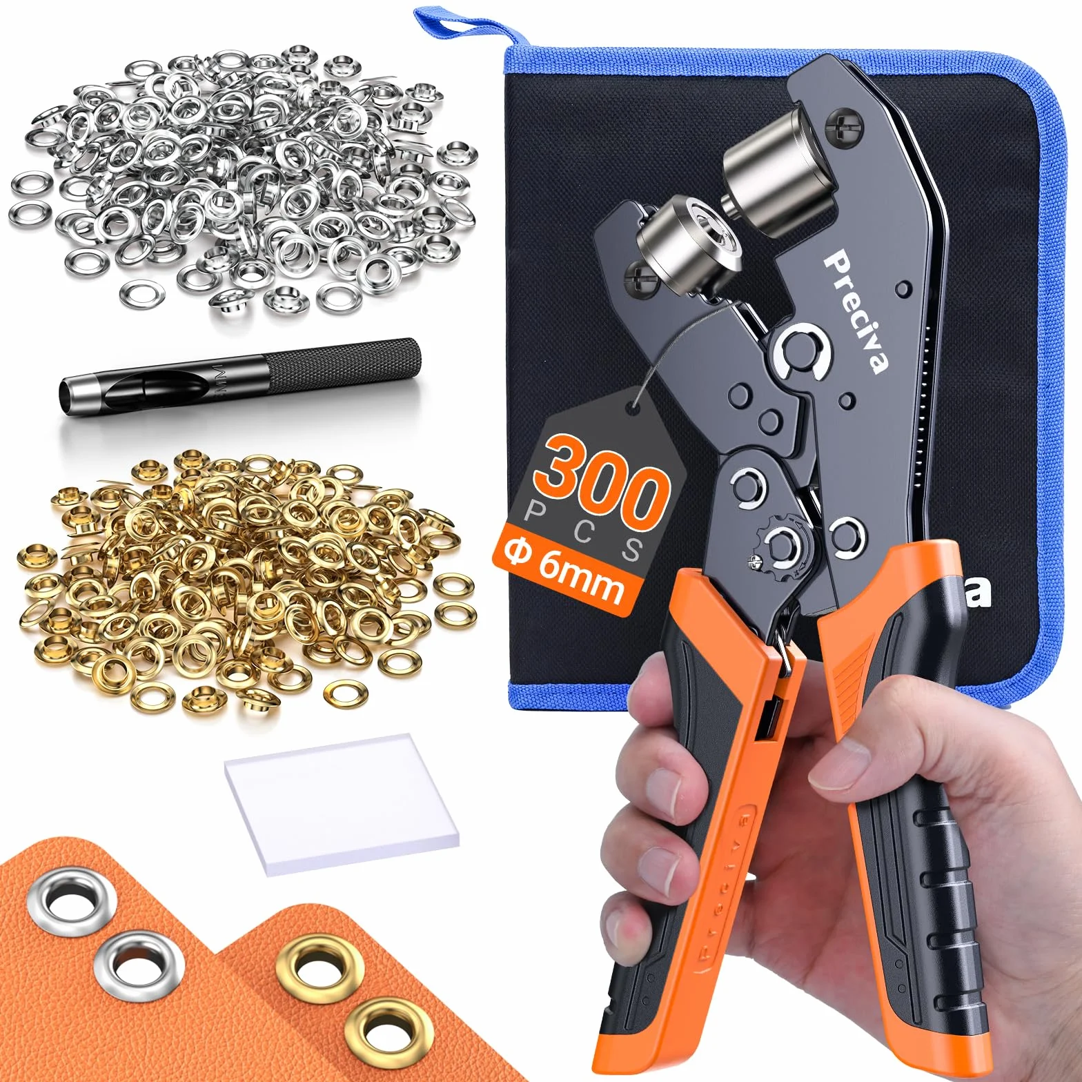 Preciva Remachadora Ojales, Kits de Ojetes 300PCS (Ø 6mm), Alicate de Ojales con Trinquete Ajustable, Ojales de Dorados y Plateados, Sacabocados, Gásquet, Kit para Lonas Tejidos Cartón Cuero y PVC