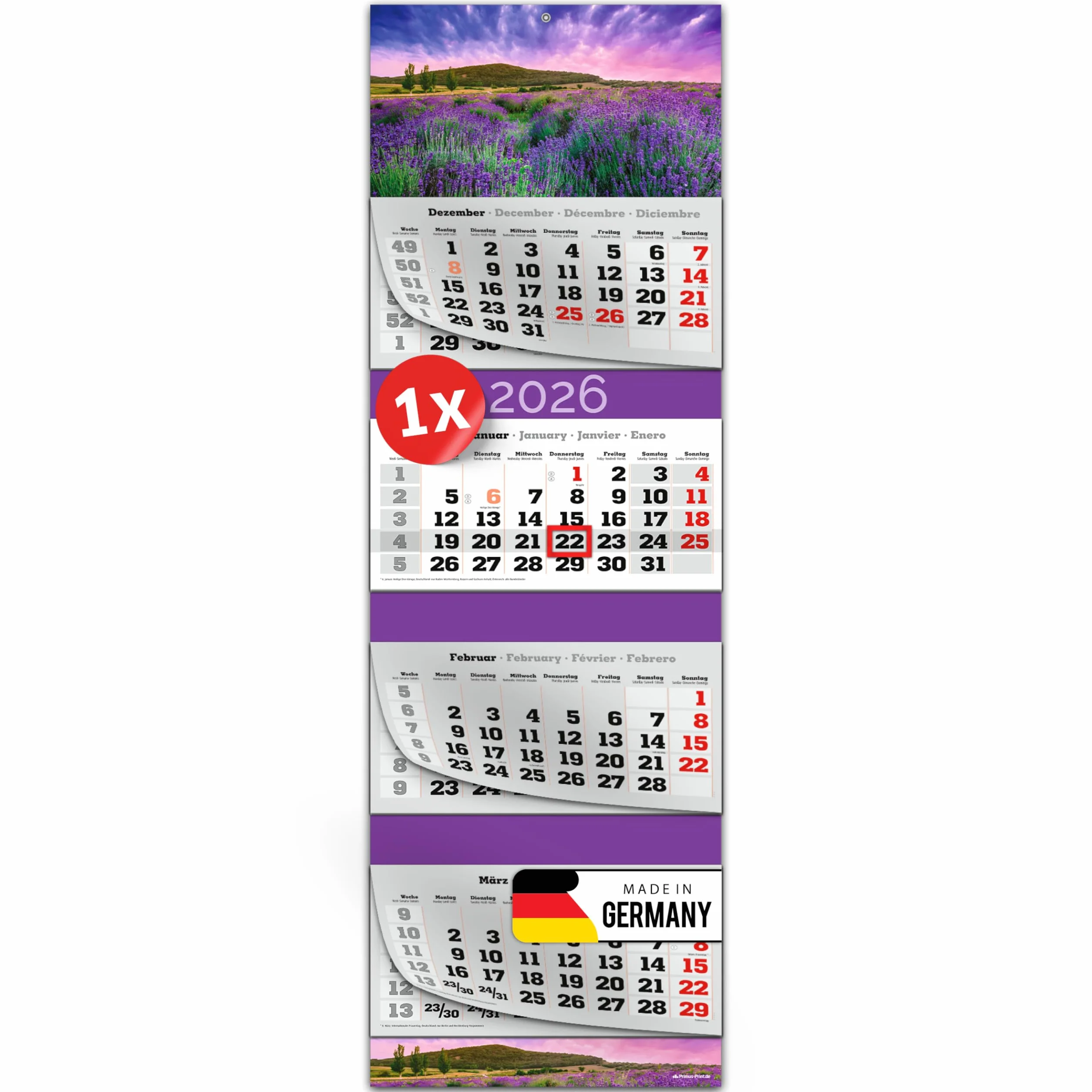 PRIMUS PRINT Calendario de pared XXL 2026 4 meses fecha deslizante