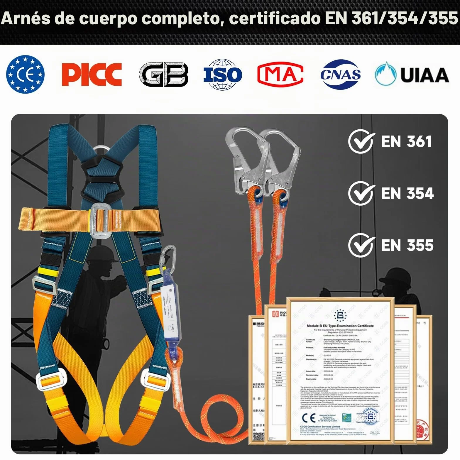Arnés de seguridad EN 361/354/355, carga máxima 140 kg, doble cuerda 1,8 m, protección caídas