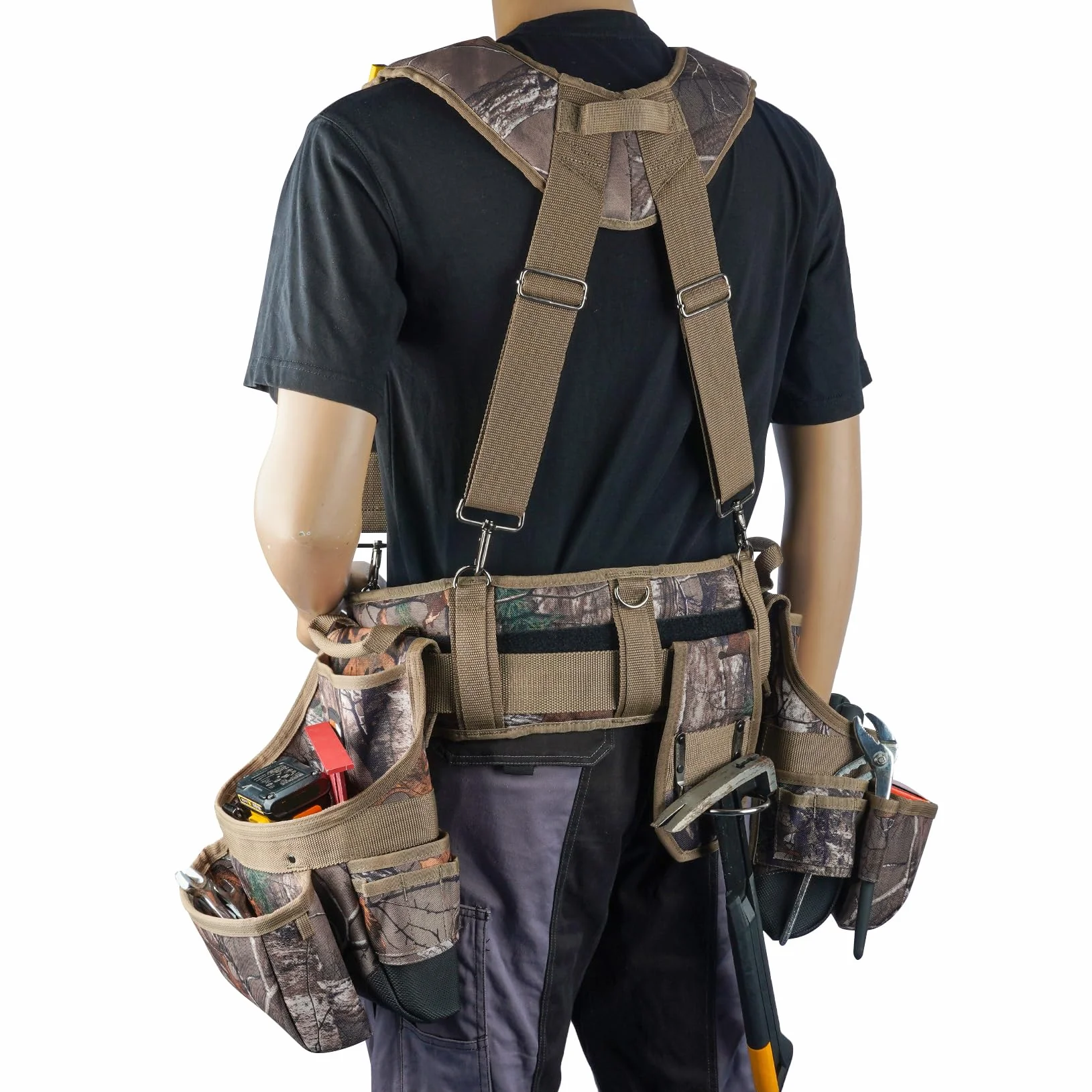 MELOTOUGH - Cinturón de herramientas con camuflaje y tirantes Bolso de herramientas con camuflaje y tirantes Combinación de peine, delantal, cinturón de herramientas, bolsa de herramientas para