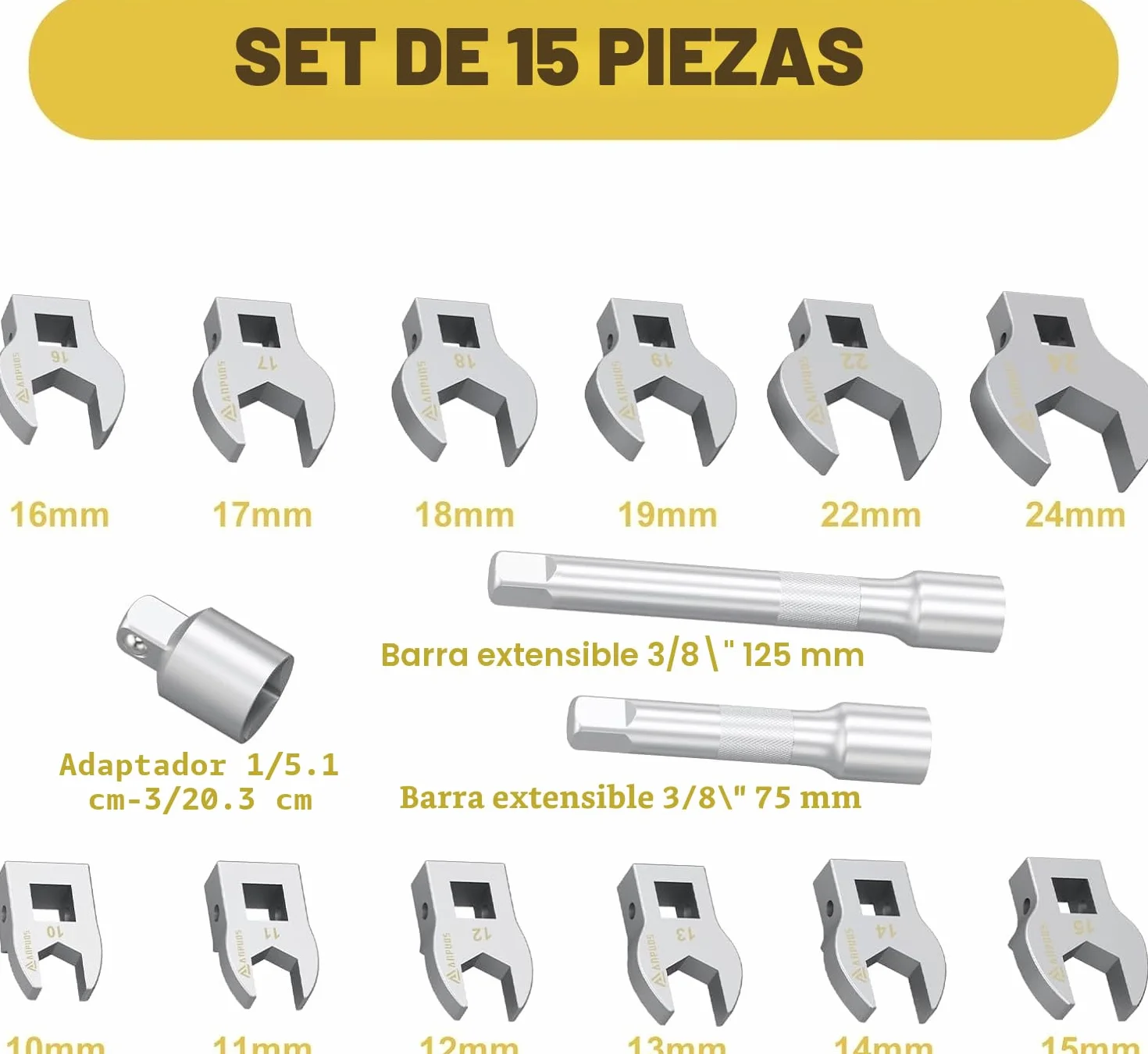 ANPUDS Juego de Llaves de Garra 3/8", 15 Piezas Métricas Llave Dinamométrica Boca Abierta con Diseño en V con Barras Extensión 75/125mm, Adaptador 1/2''-3/8'' y Caja Almacenamiento Portátil