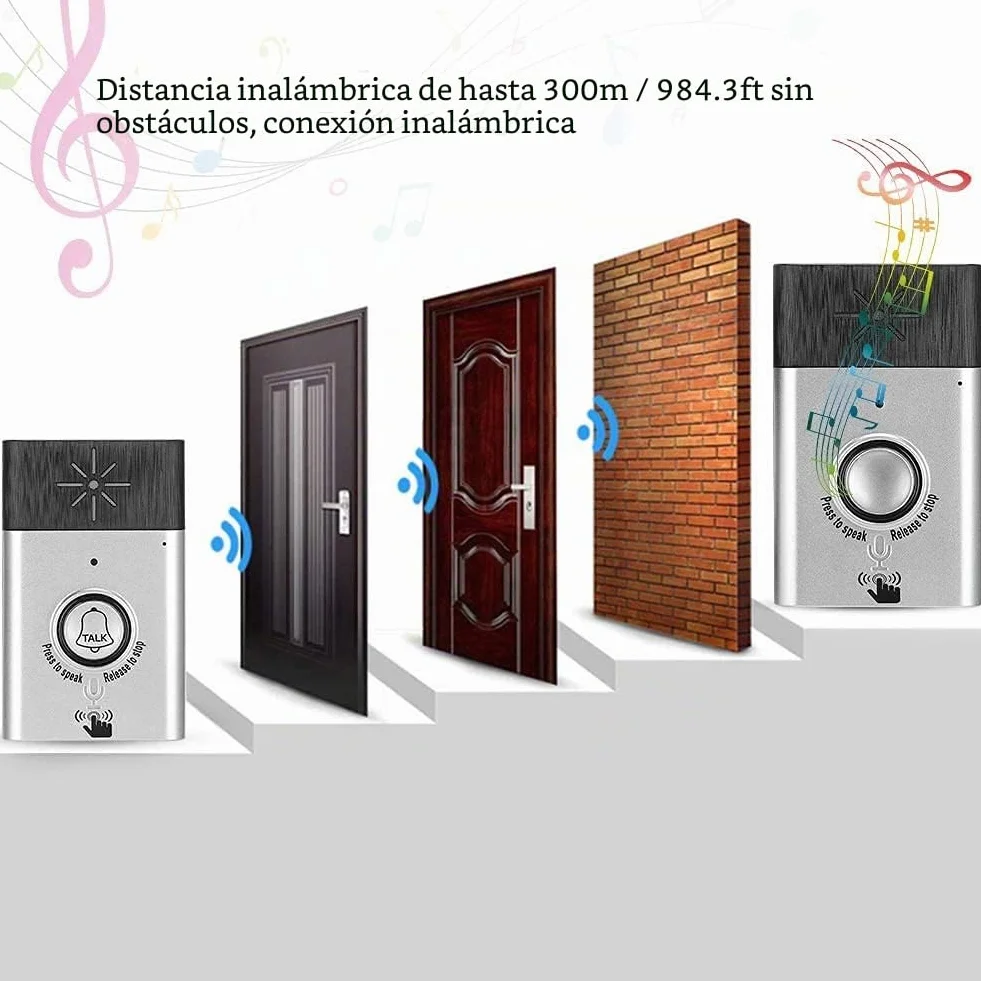 Timbre de Puerta, con Altavoz de micrófono de Alta sensibilidad Incorporado, de intercomunicador de Timbre inalámbrico, Mini Voz portátil de 2,4 GHz
