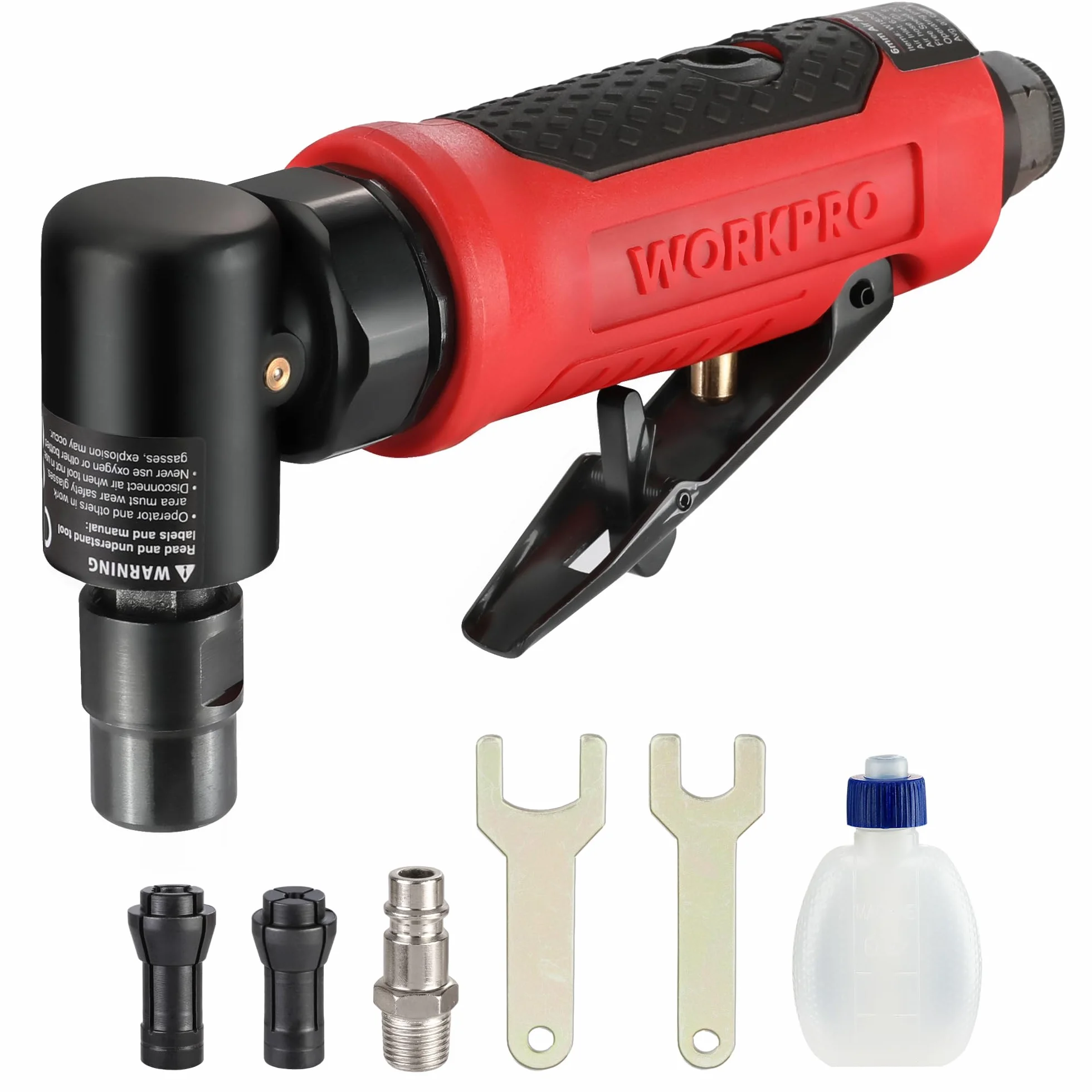 WORKPRO Amoladora Angular Neumática de Aire, Mini Amoladora Angular Neumática para Reparación y Otras Aplicaciones, Amoladora Neumática de 1/4’’, 20000 rpm, 2 Abrazadera (3mm;6mm)