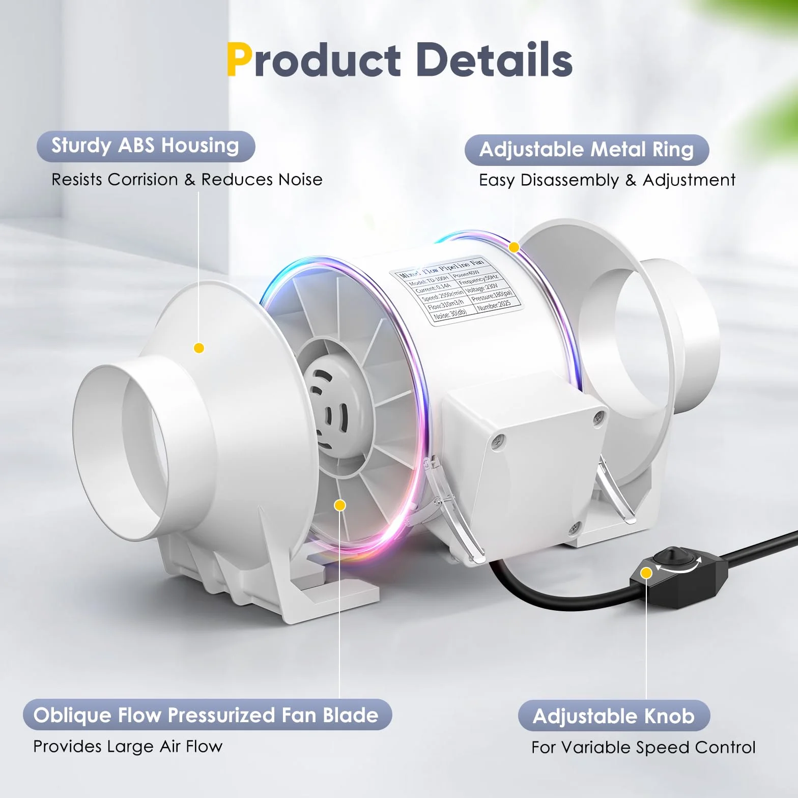 Extractor de aire para baño 310 m³/h control de velocidad variable