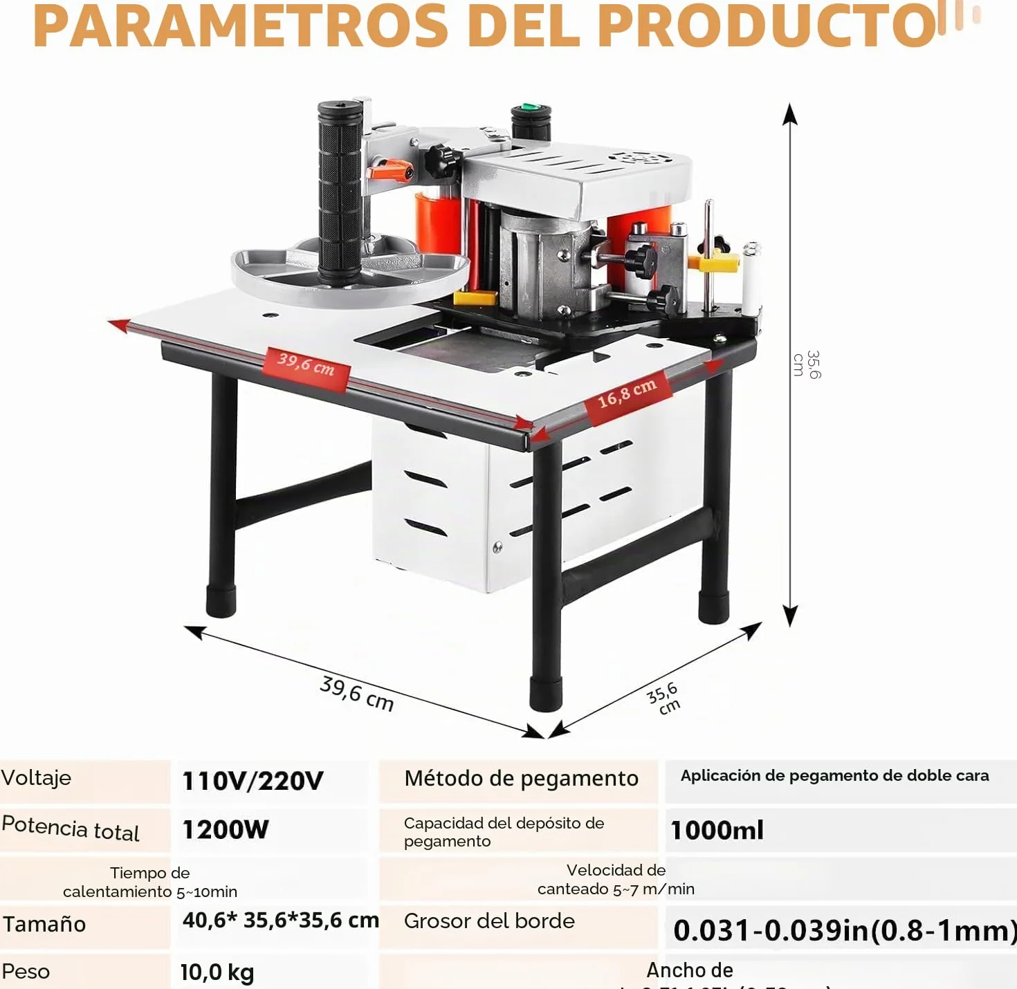 Encoladora de Cantos Portátil 2-6m/min Ancho 10-60mm Espesor 0.3-3mm para Madera Contrachapada PVC ABS