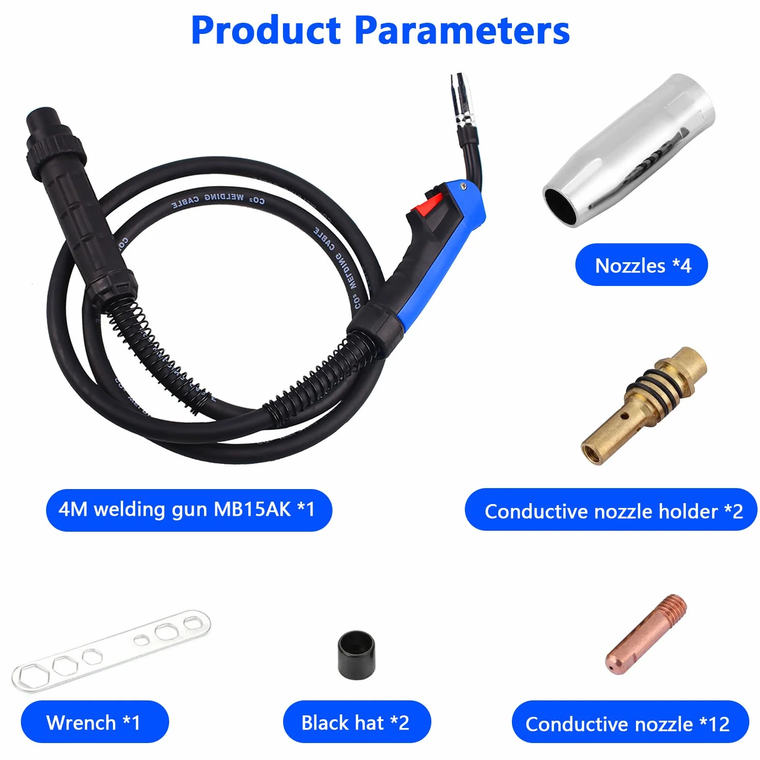 Antorcha MIG, Antorcha soldadura hilo MIG MAG 15AK de 4 M con Juego de 21 Piezas Accesorios para Máquinas de Soldadura de Gas Inerte,para Máquina Soldar Semiautomática con Gas Refrigerada Por Aire