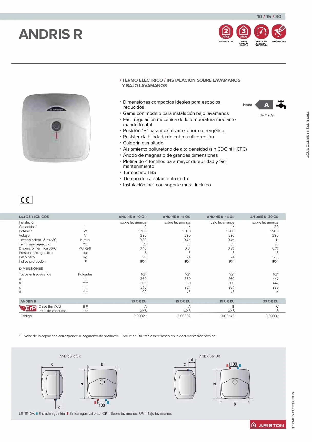 Ariston Andris R - Termo Eléctrico 15 Litros Potente, Calentador de Agua Eléctrico Vertical con Tamaño Reducido 41,8x37,7x35,2 cm, Fabricado para Instalación en España