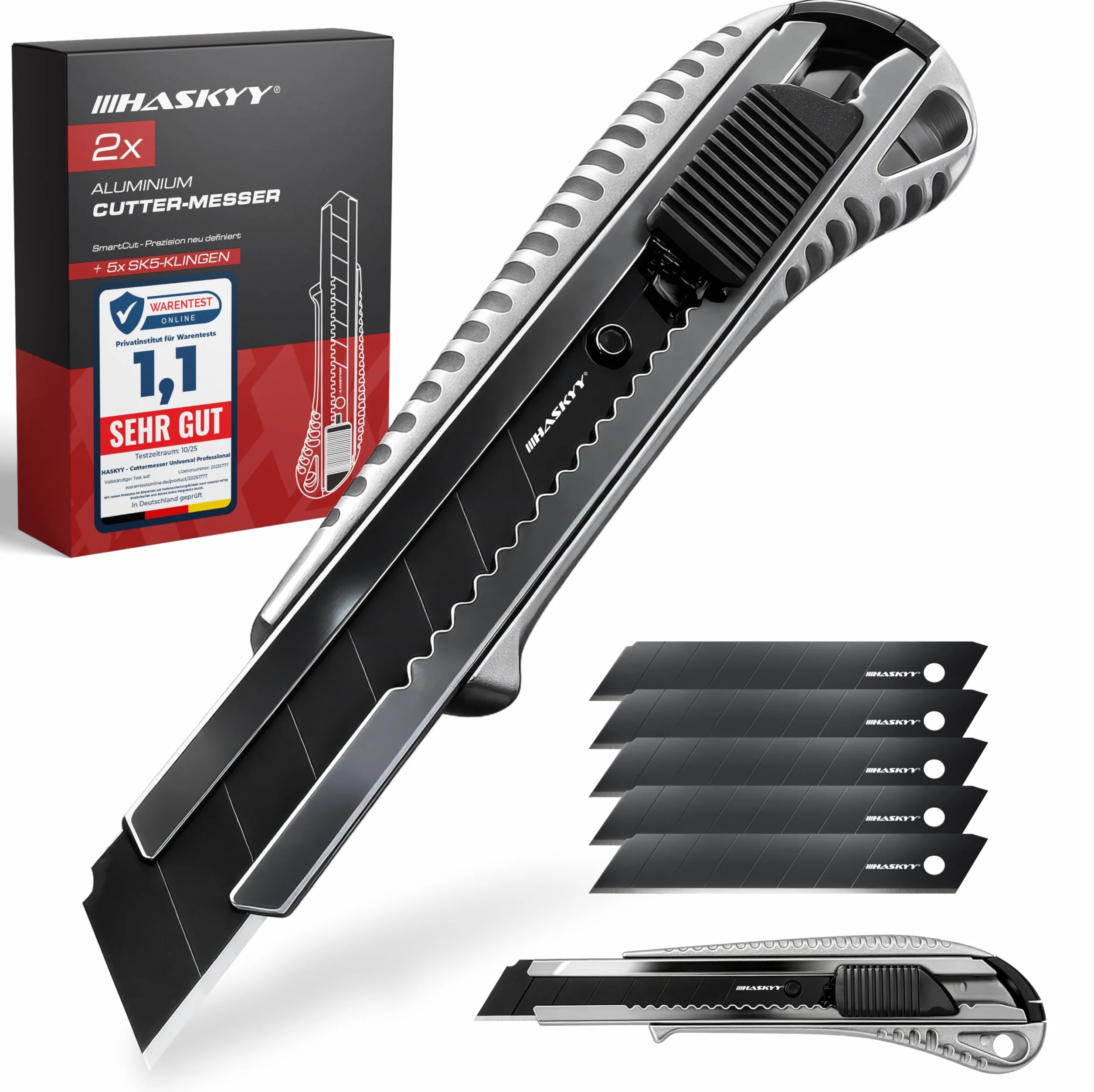 HASKYY Pack 2 Cúteres Profesionales 18mm + 5 Hojas SK5 Premium - Navajas de Seguridad con Auto-Lock