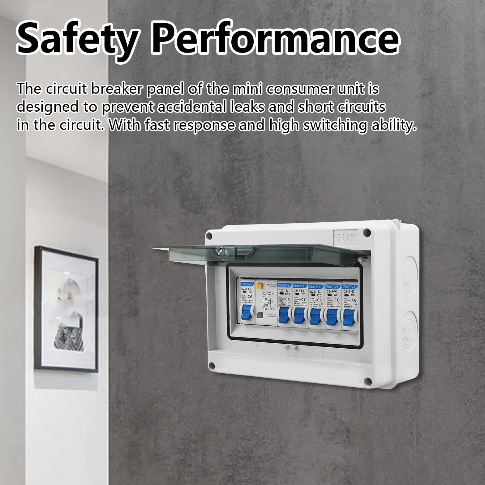 Caja de Distribución, Caja Eléctrica Impermeable IP65, Caja de Fusibles de Superficie Disyuntor de 63 A, Caja de Distribución Impermeable, Interruptor de Aire 2x6A+1x10A+1x20A+1x32A