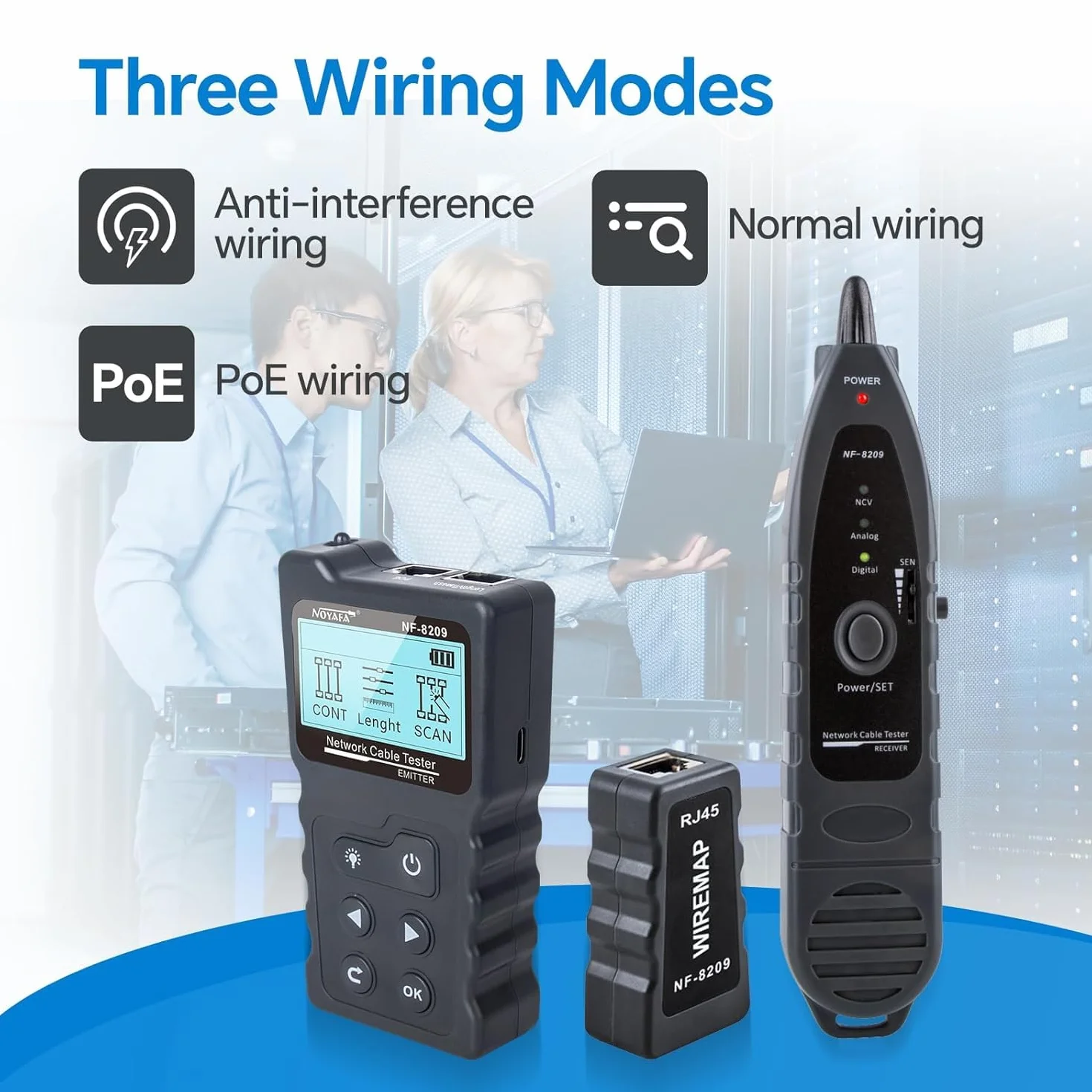 NOYAFA NF-8209 Probador Cables de Red Ethernet - Localizador y Medidor de Longitud para Cat5/Cat6, Rastreador Multifunción con Prueba PoE, Detección de Fallos y Parpadeo de Puertos