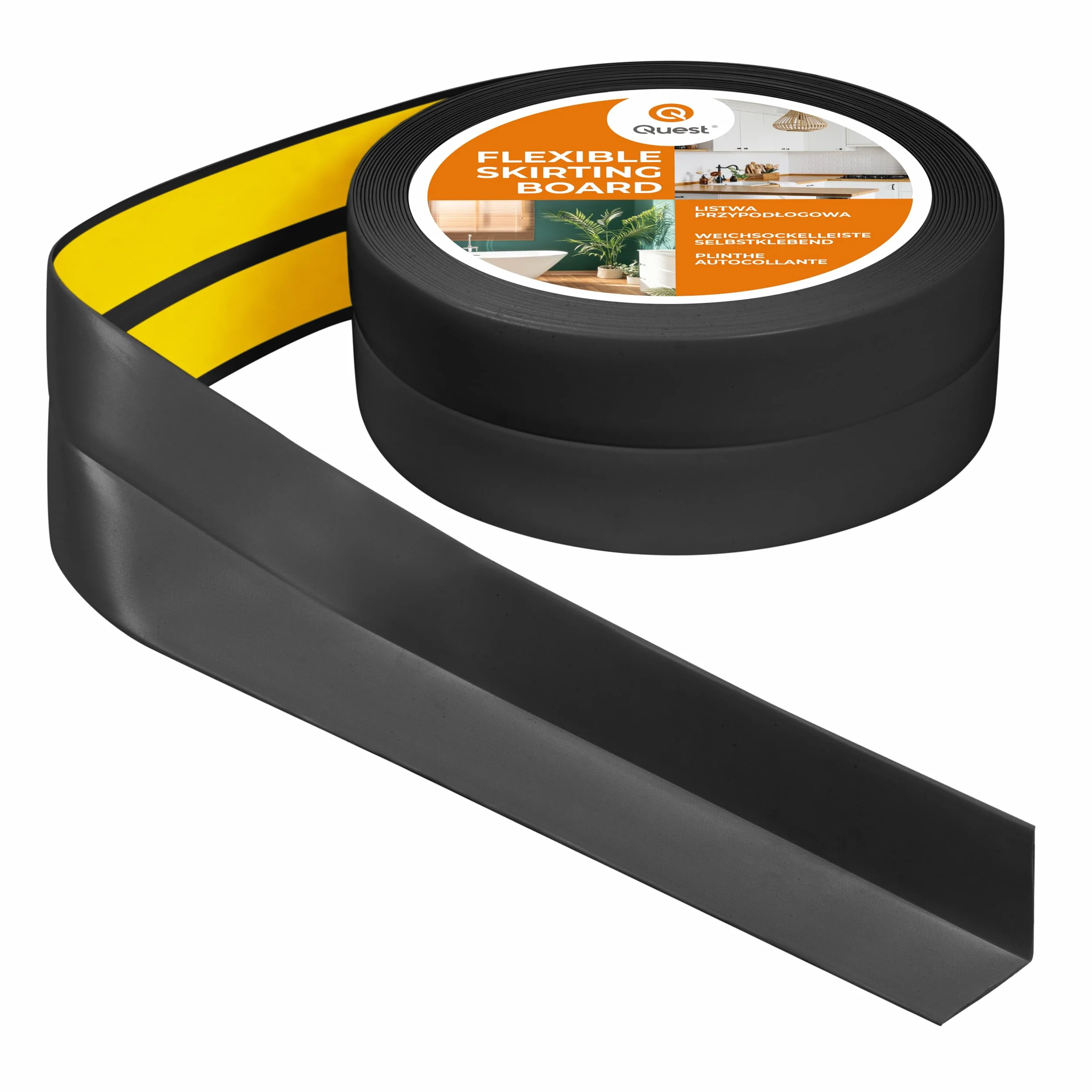 Rodapiés Flexible Autoadhesivo - 40 mm x 40 mm - Rodapié Plegable para Cocina, Baño - Cinta de sellado, Perfil PVC - Estanco, Decorativo - 10 Metros, Negro