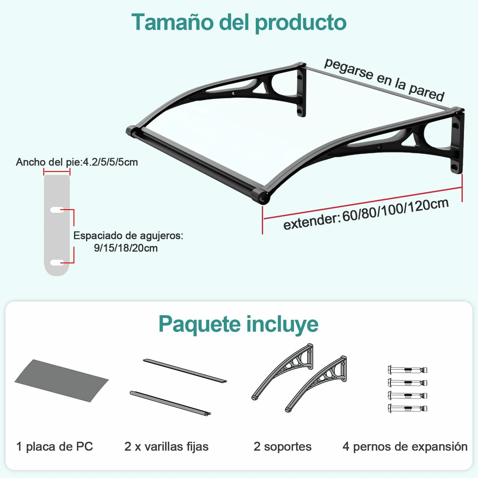 Marquesinas Exterior, Marquesina Puerta Exterior, Marquesina, Protección Solar/contra la Nieve/Lluvia, Tejadillo de Exterior para Porche/Delantero/Techo/Entrada, Instrucciones Incluidas