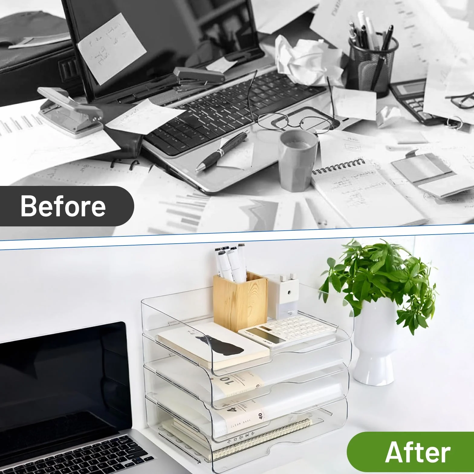 Organizador Escritorio Pet Apilable Bandeja Acrílico Transparente Papel Oficina