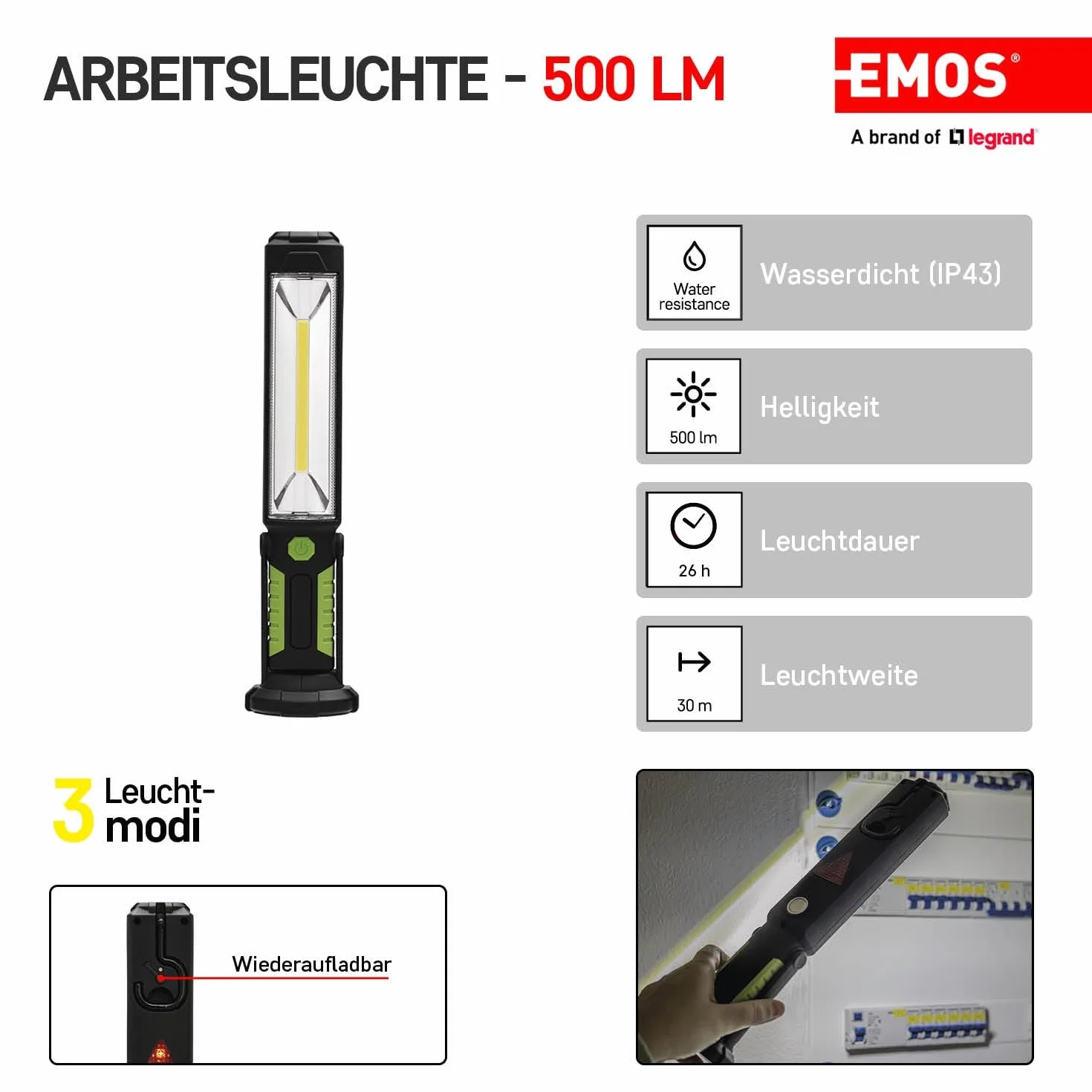 Emos e708 a de COB + 5, recargables lámpara – 5 W COB LED, plástico, Green, 6, X 32 X 7, 6 cm