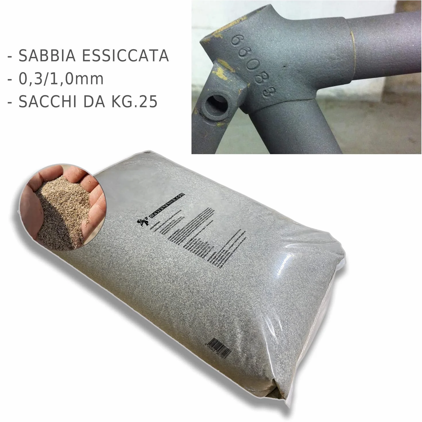 Arena para arenadora 0,3 – 1,0 mm, saco de 25 kg – Arena seca vaga, para tratamientos de arenado sobre madera, hierro, cemento y ladrillo – Granulometría media, baja humedad