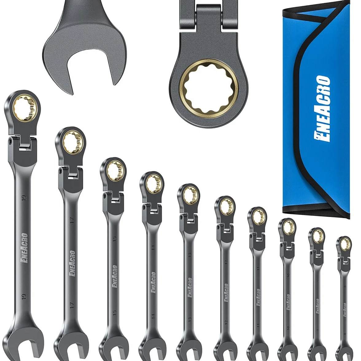 ENEACRO Juego de Llaves de Carraca Combinadas, Juego de Llaves Flexibles Antideslizantes de 10 Piezas, Métricas 8-19mm, 72 Dientes, Construidas en Cr-V, Niqueladas con Bolsa de Almacenaje
