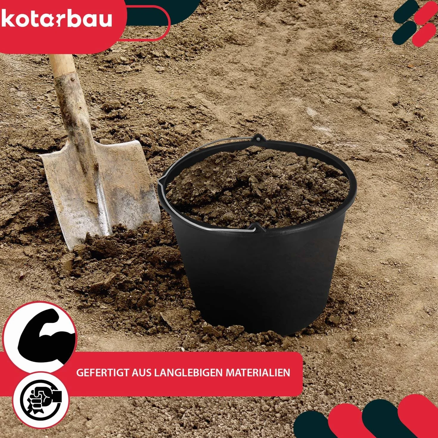 KOTARBAU Juego de 5 cubos de plástico de 16 l para la construcción, cubos para mortero, cemento, agua, cubo de jardín, negro