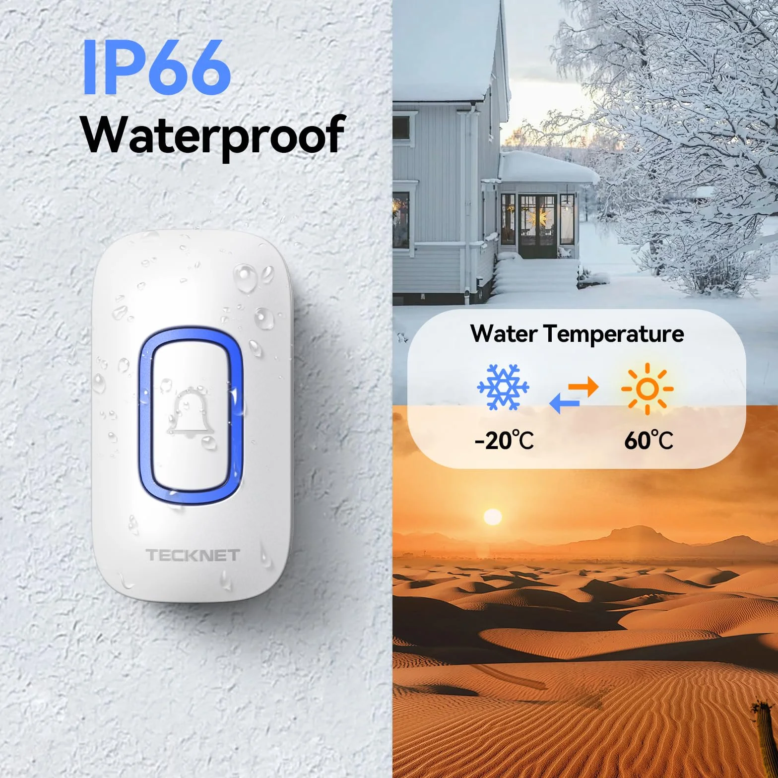 TECKNET Timbre Inalámbrico 2 Receptor, Timbre Inalámbrico Exterior con Enchufe Impermeable IP66, 400M de Alcance Doorbell con 5 Niveles de Volumen Ajustable, 60 Melodías, Indicador RGB