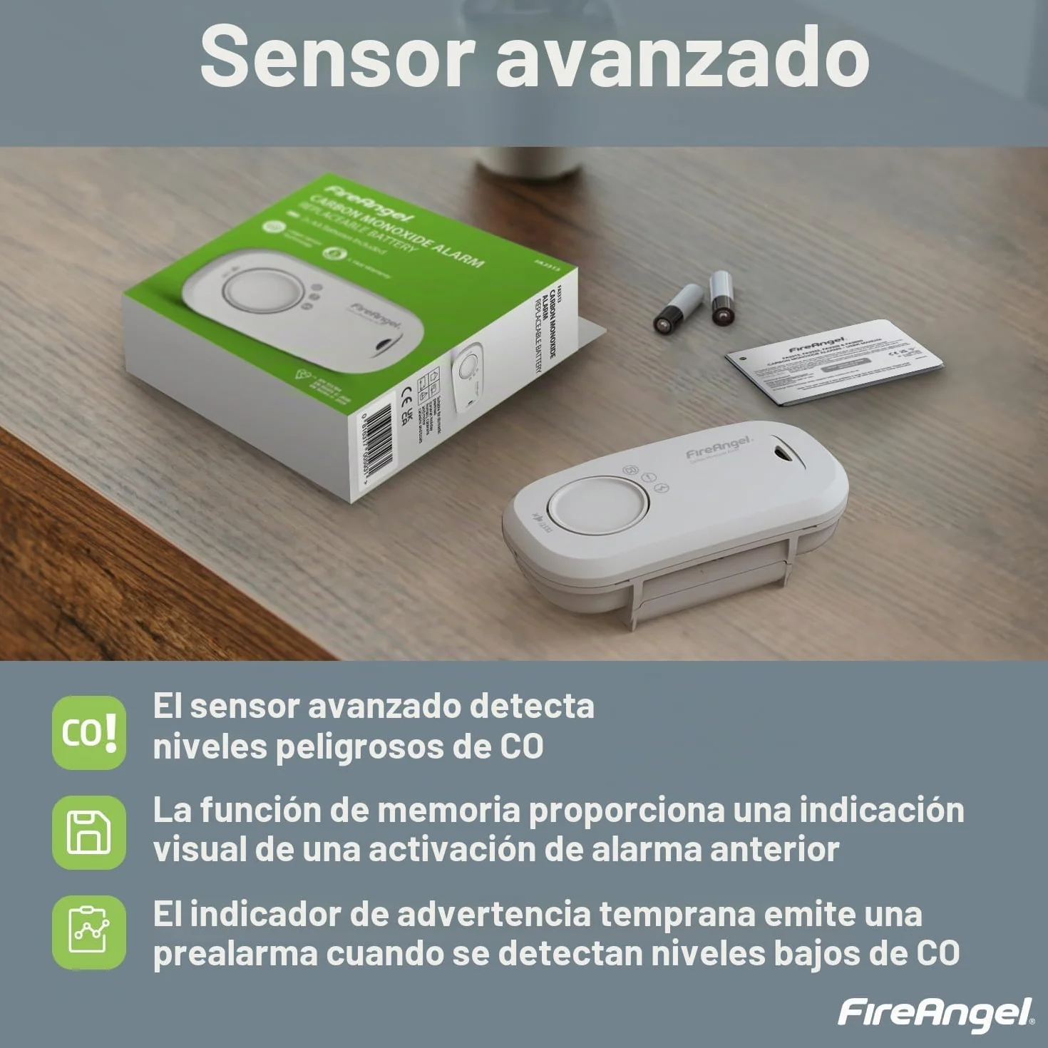 FireAngel Detector de Monóxido de Carbono con Sensor – Alarma de CO Portátil para Hogar y Vacaciones - Monitorea Monóxido Carbono - FA3313, Blanco