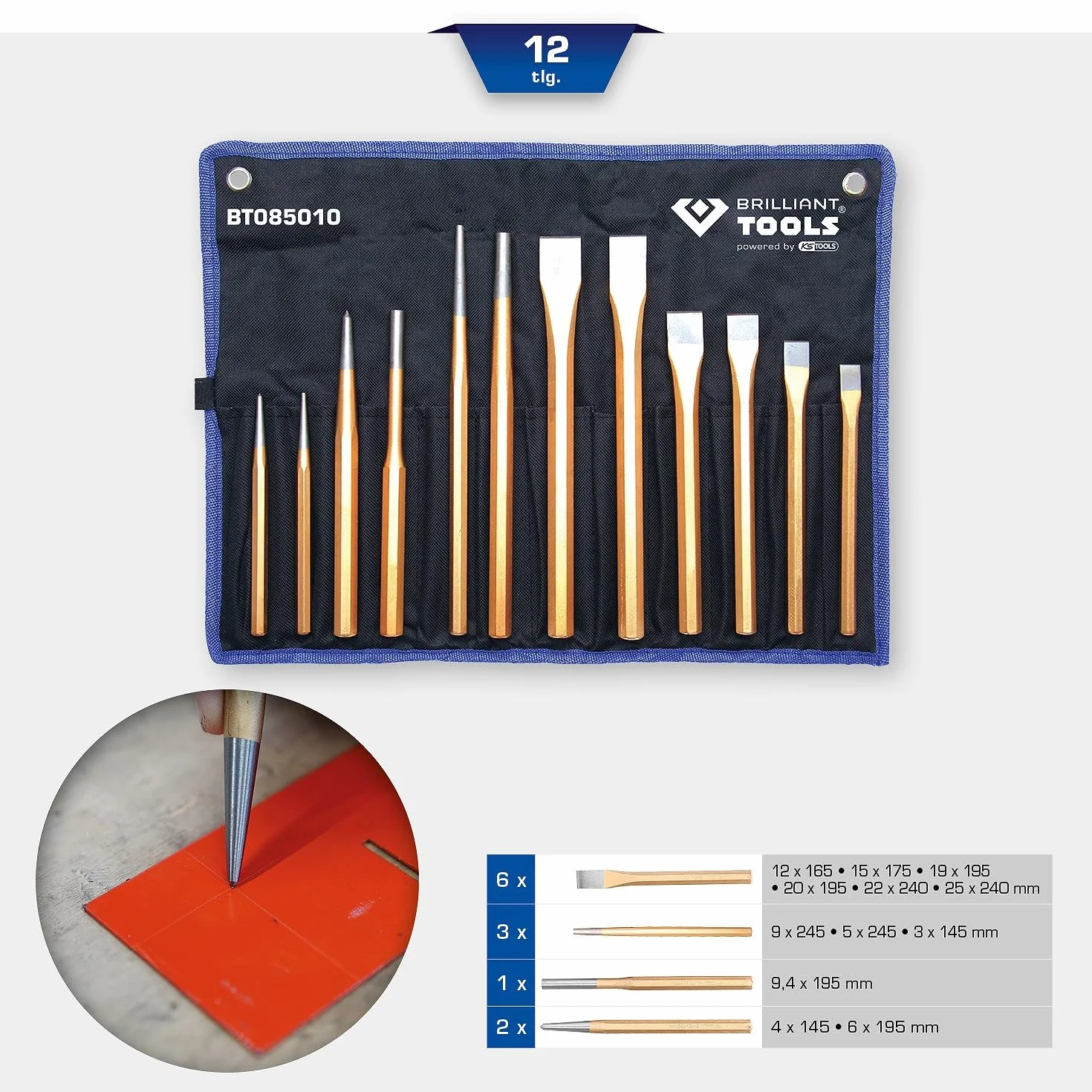 BRILLIANT TOOLS BT085010 Juego de cinceles y botadores, 12 pzs [Powered by KS TOOLS]
