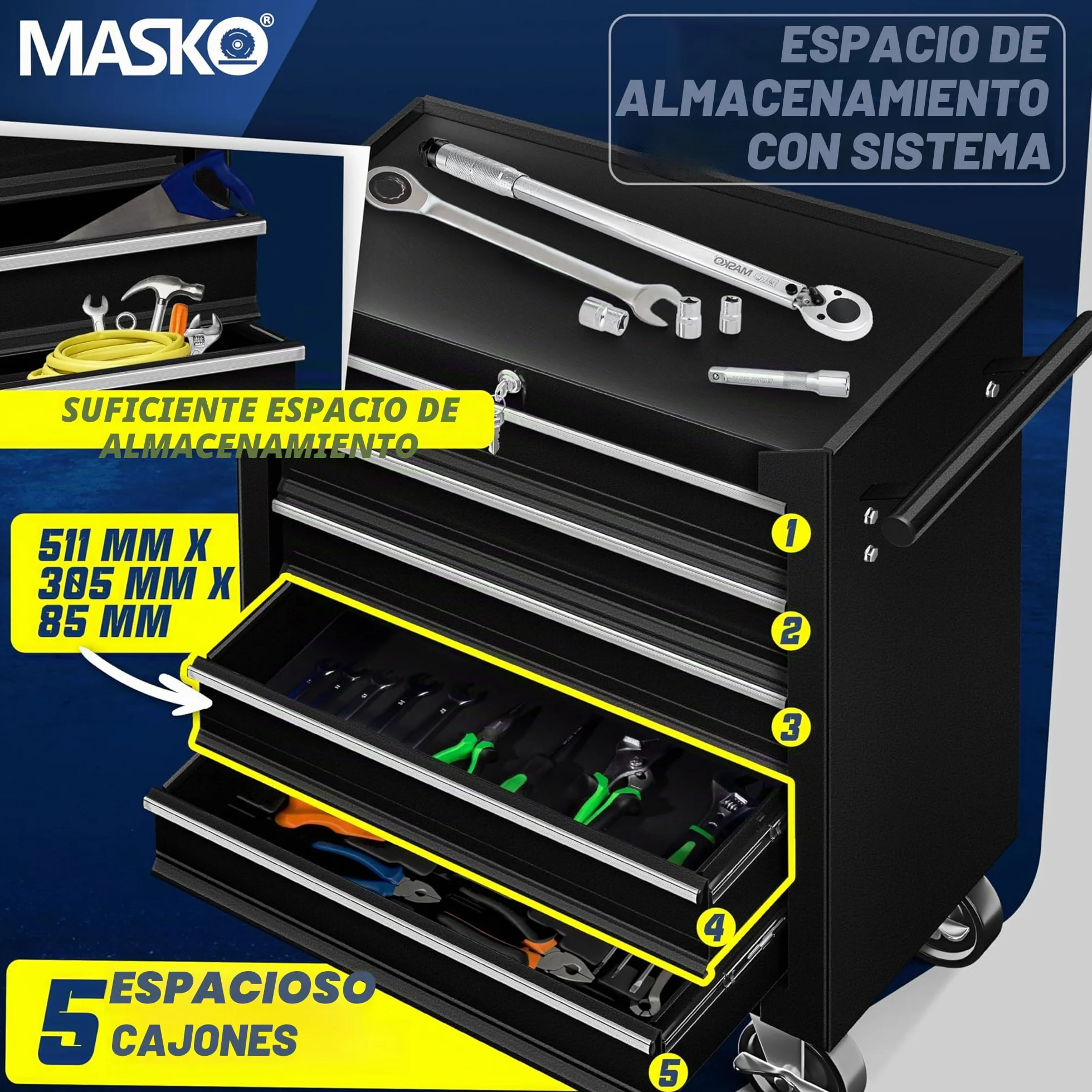 Masko® - Carro de taller con ruedas, carro de herramientas, caja de herramientas, 5 y 7 compartimentos