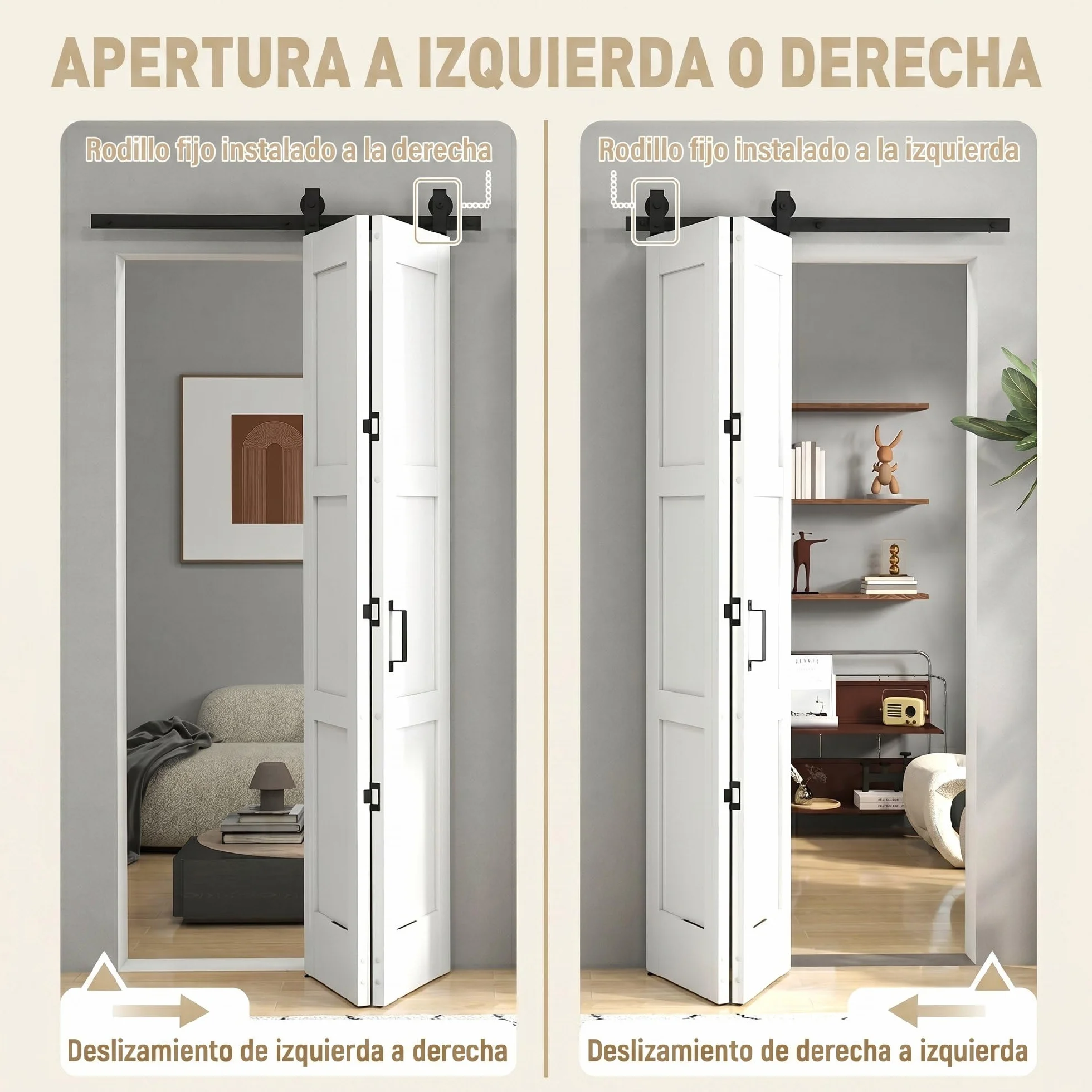 HOMCOM Puerta Corredera Plegable con Herrajes 91,4x213,4 cm, Puerta Corredera Interior con Rodillo, Riel de Acero, Guía de Suelo, Manija, para Baño, Salón, Sala de Estar, Blanco