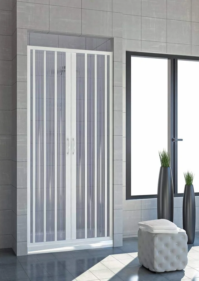 Cabina de ducha 150 con apertura plegable central. De PVC. Altura de las puertas de 185 cm