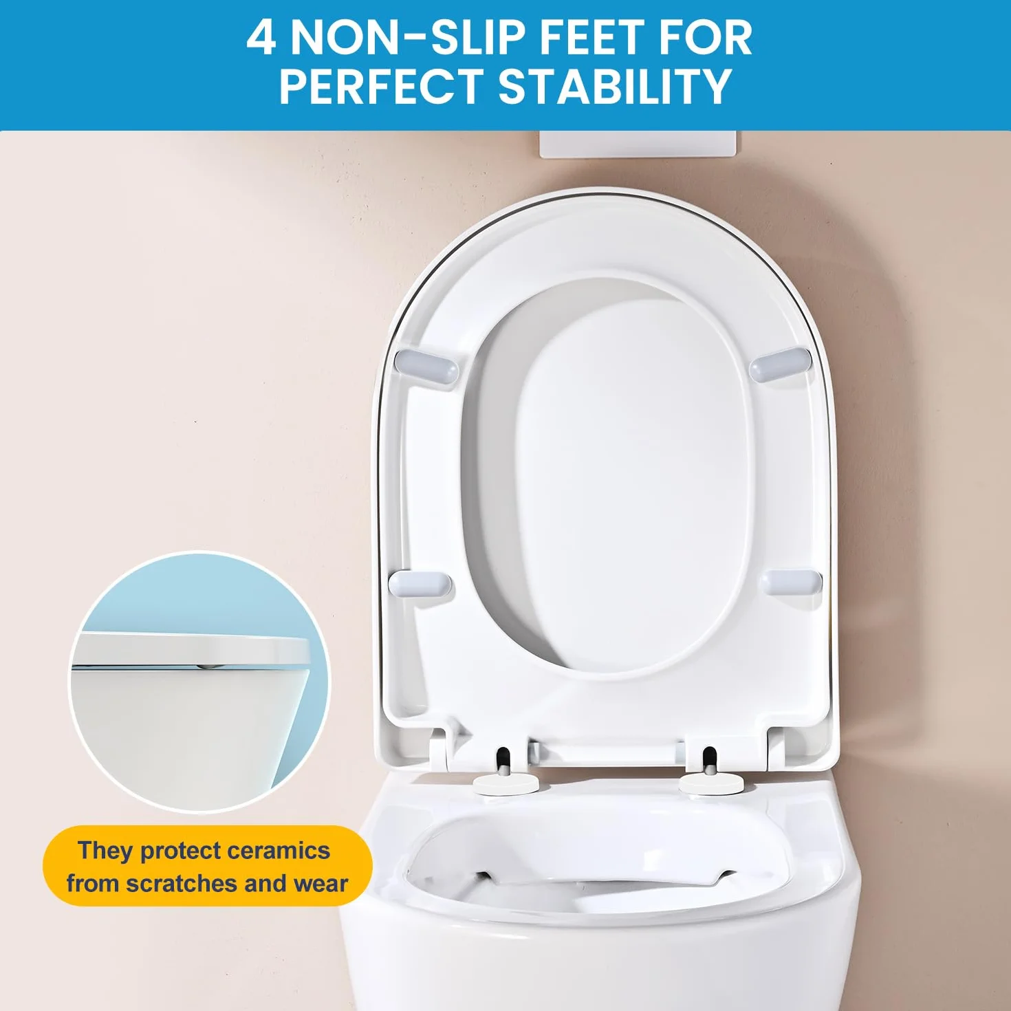 YEAUPE PRO Tapa WC Universal Forma de D [LARGO], Asiento de Inodoro de Cierre Suave con Liberación Rápida para una Fácil Limpieza, 45 x 36,1 x 5cm, Incluye plantilla de instalación