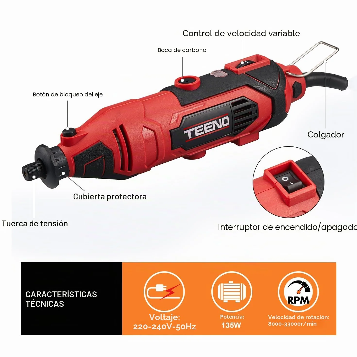 TEENO Multiherramienta 135W, Juego de 1 herramienta y 80 accesorios, Mini amoladora eléctrica 10.000 a 33.000 rpm, Herramienta Rotativa con velocidad variable para grabar, cortar, taladrar
