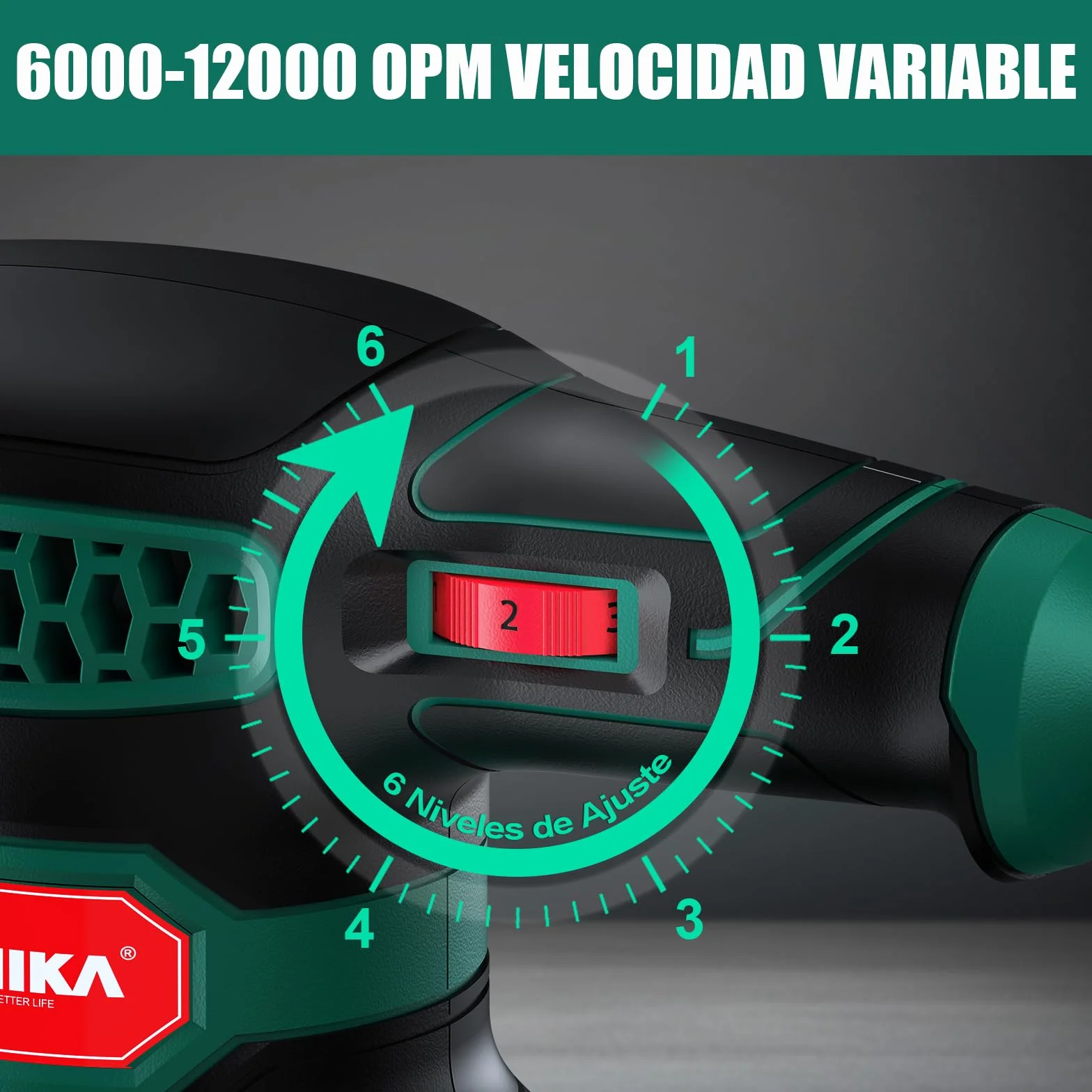 HYCHIKA Lijadora Orbital, 300W 12000OPM Lijadora Madera, 6 Velocidades, con 16 Piezas de Discos de lija 125mm, Con Recogida de Polvo y Efecto de Frenado Rápido, para Lijar y pulir Madera