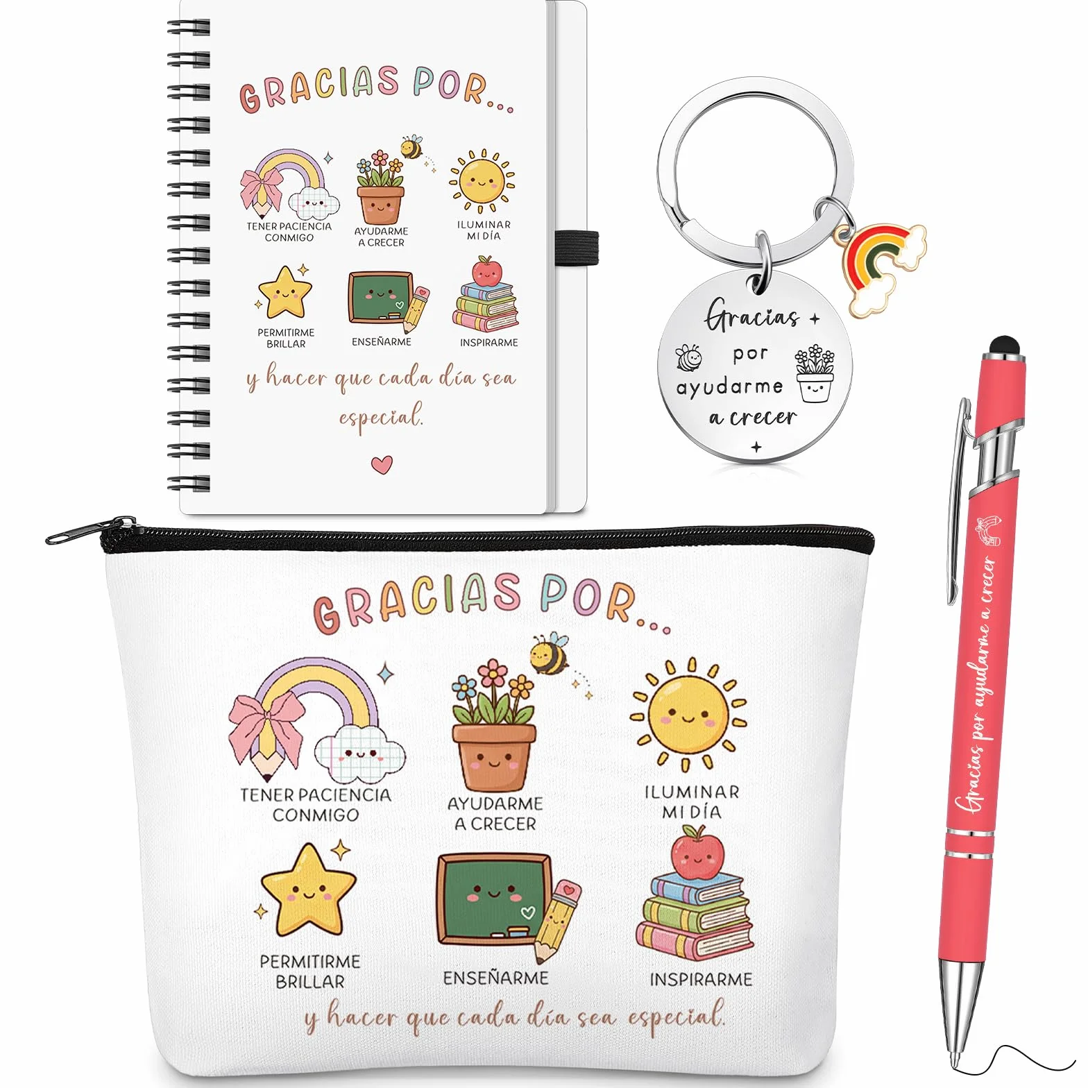 BBTO 4 Piezas Regalos para Profesores Maestra Llavero Bolígrafo Bolsa de Maquillaje Cuaderno Arcoíris Día del Maestro