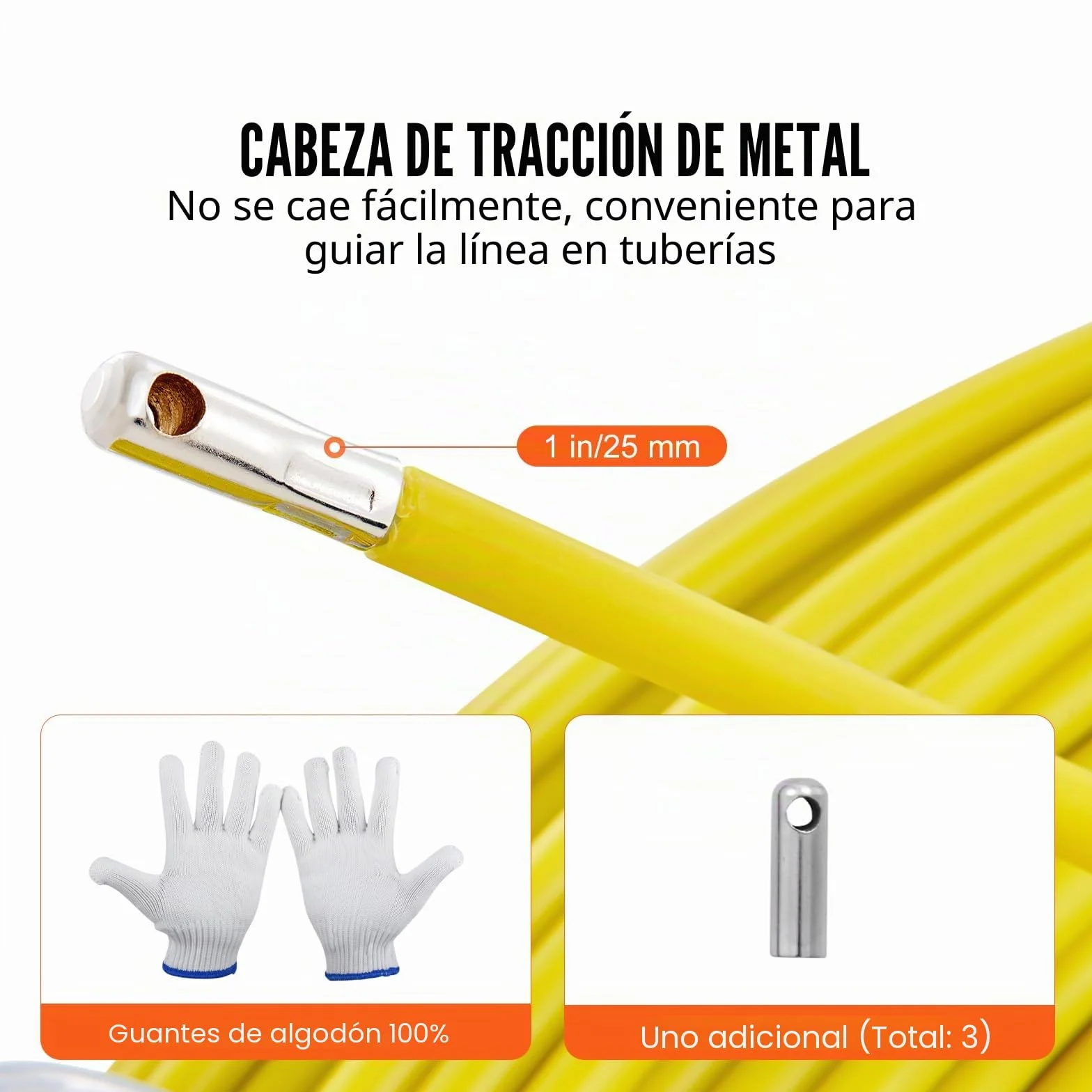 VEVOR Cinta de Fibra de Vidrio Longitud de 129,5 m 6,35 mm Tirando de Aguja Electricista de Alambre de Cable Eléctrico Extractor de Conducto Carrete de Acero de Apoyo 3 Cabezas de Tracción para Pared