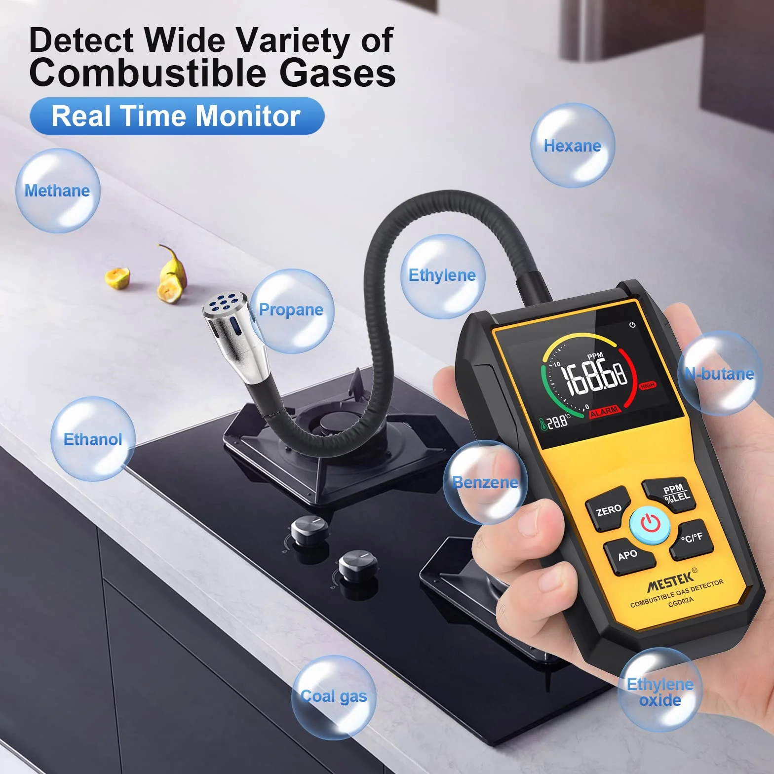 Detector de Gas Natural Detector de Fugas de Gas MESTEK Butano Propano Metano Ciudad LPG LNG Combustible Gas Sensor Portátil Alarma de Gas con Batería LCD para Ciudad Cocina Garaje Autocaravana