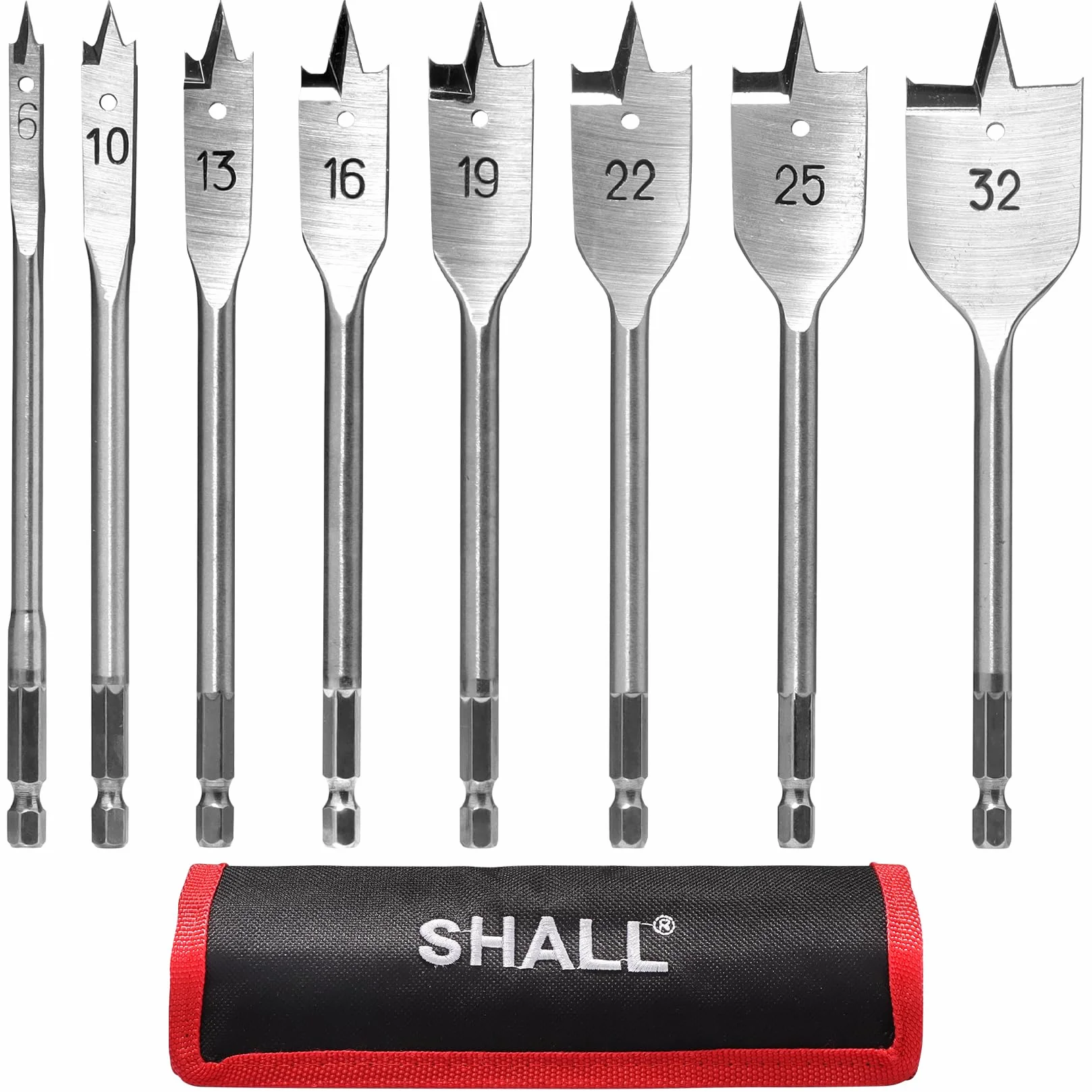 SHALL 8 piezas Juego de Brocas de Pala, vástago hexagonal de cambio rápido de 1/4 de pulgada, Ø 6-32 mm, broca plana para madera, con bolsa de almacenamiento