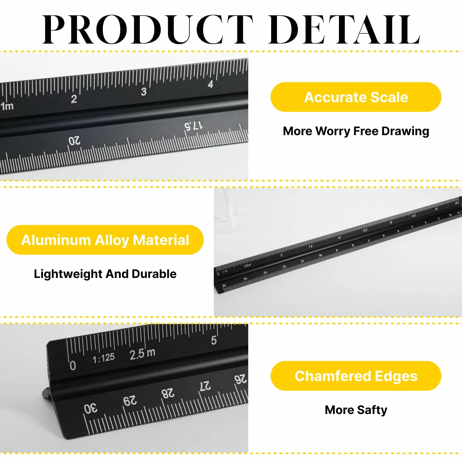 Escalímetro Triangular Profesional 30 cm Aluminio Escalas Métricas 1:20 1:25 1:50 1:75 1:100 1:125 Negro