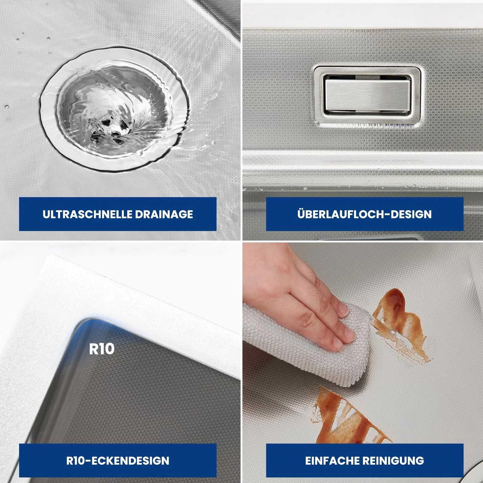CECIPA 70×45cm Fregadero Sobre Encimera Con Cesta de Drenaje, Grande Cocina 1 Seno Para Armarios de 70cm o Más, Multifuncional de Acero Inox Con Sifón, Rebosadero y Residuos