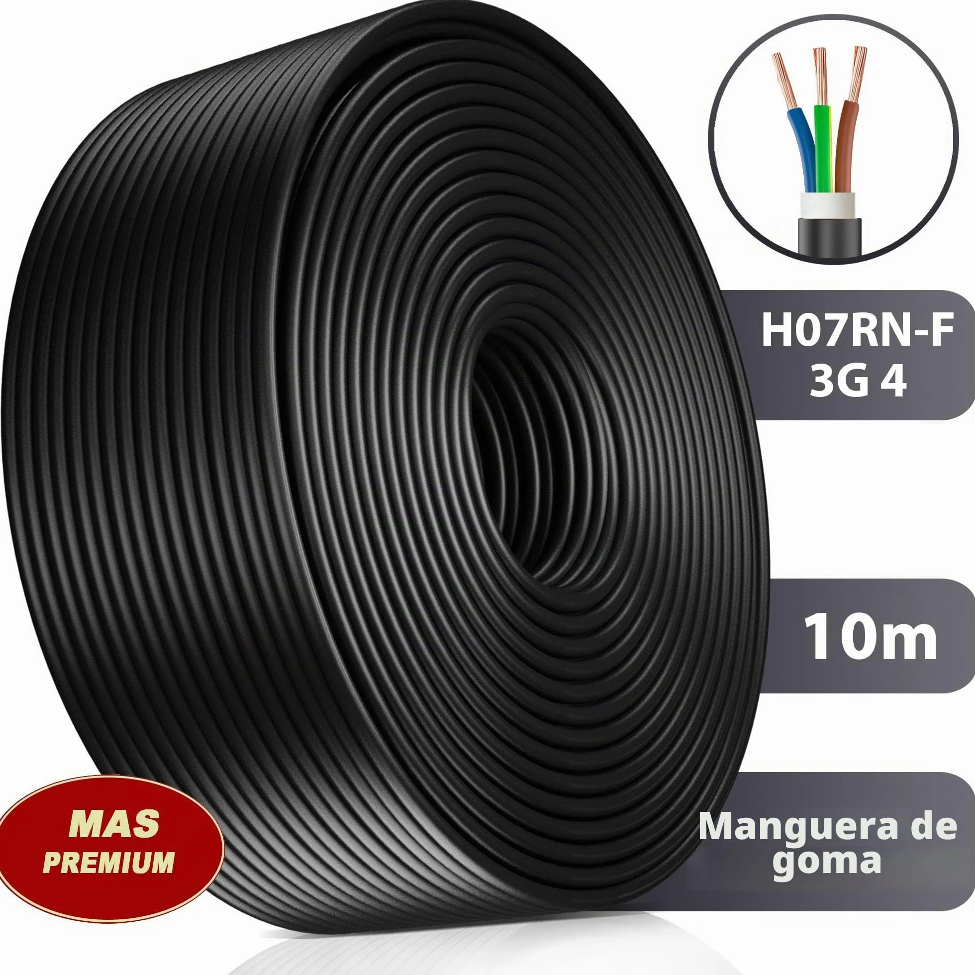 MAS Premium Cable de goma H07RN-F 3G, 4 mm², negro, 3 hilos, cable de goma para obras pesadas, de 5 a 100 m