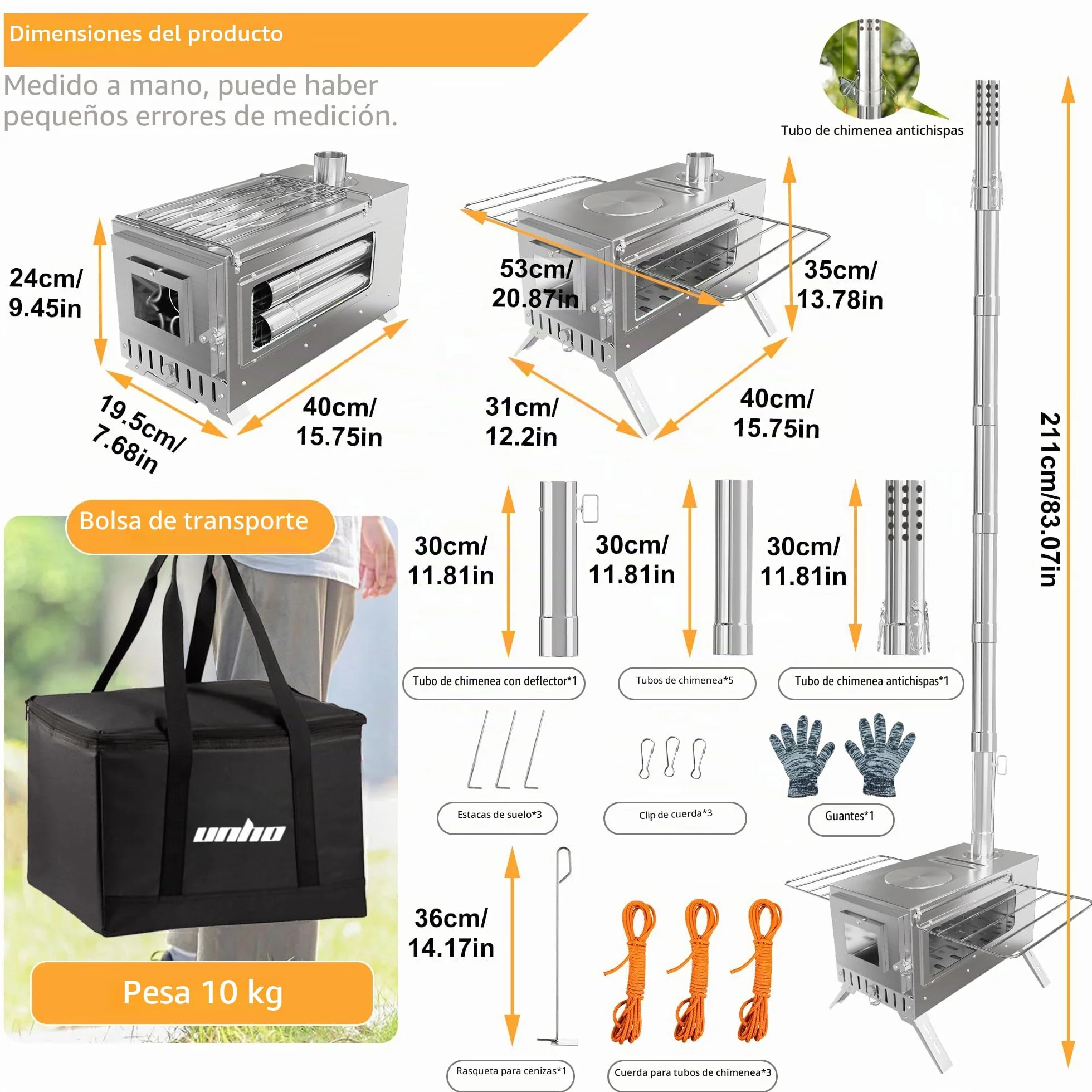 UNHO Estufa de Leña Portátil Plegable con Chimenea de Acero Inoxidable para Tienda de Campaña