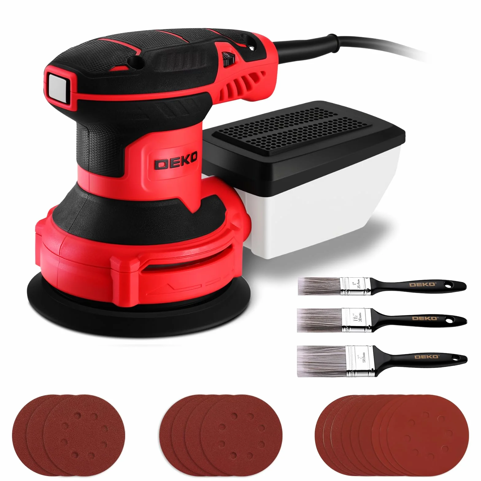 DEKOPRO Lijadora Orbital 300W, 6 ajustes de velocidad, 14000 rpm, adecuada para lijadoras eléctricas de madera, equipada con 16 hojas de lijado y 3 cepillos(Rojo)