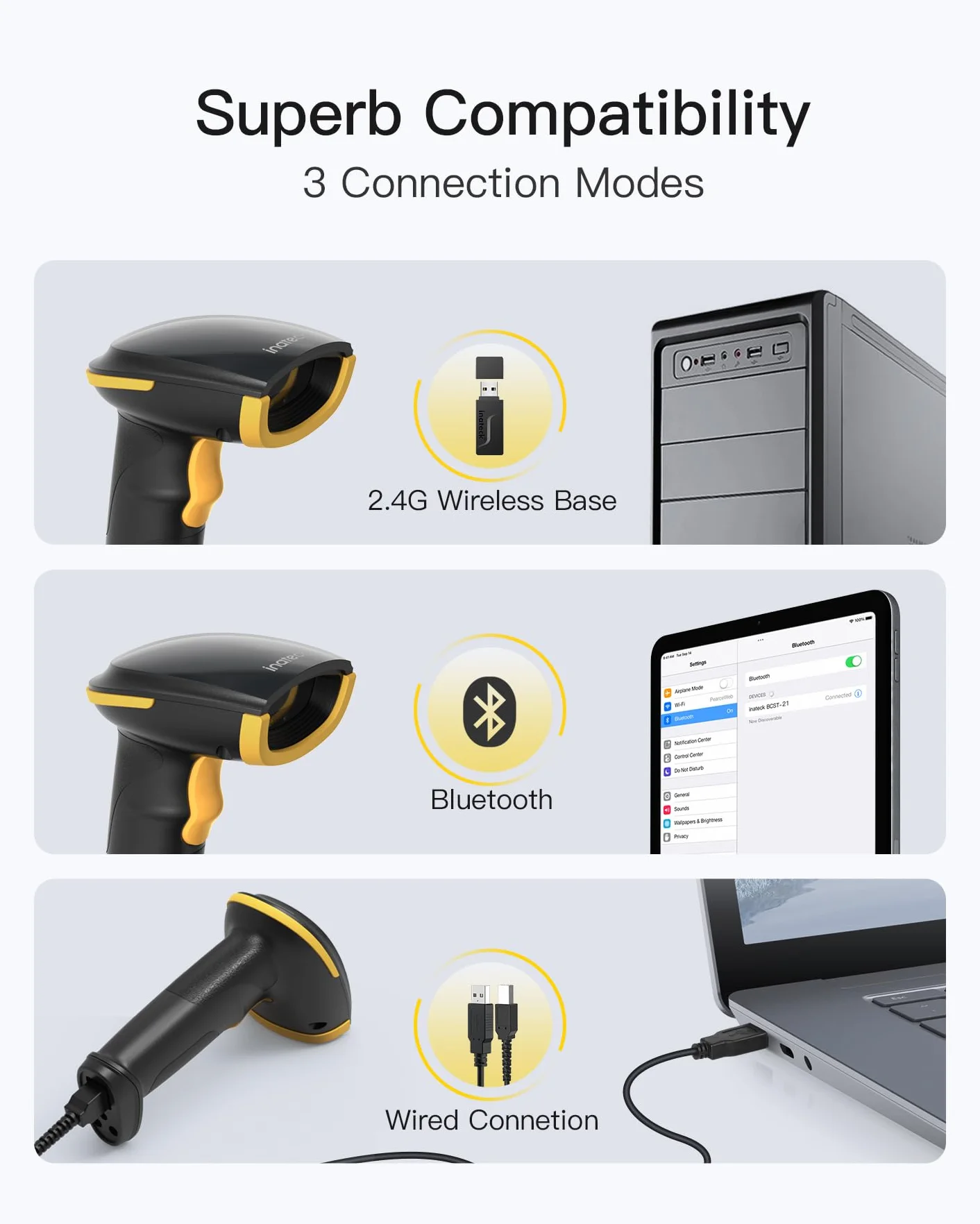 Inateck BCST-23 Escáner de Código de Barras Bluetooth Inalámbrico 1D 2D USB Portátil