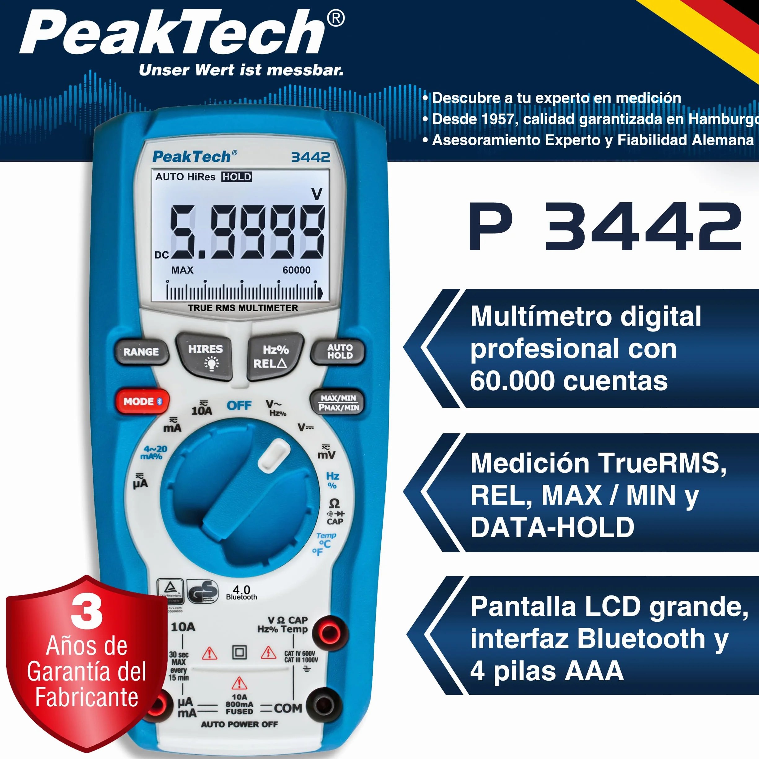 PeakTech 3442 - Multímetro Digital Rms con 60,000 Recuentos y Bluetooth 4.0, Multímetro Mano Profesional, Retención Automática, Tuv/Gs, Medidor Voltaje, Probador Continuidad - Cat III 1000V