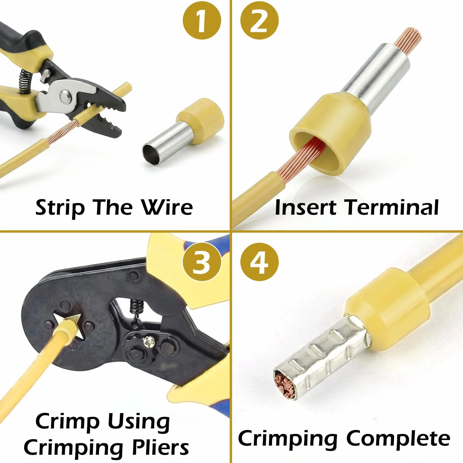 Juego de Férulas para Cable 6mm²x12mm, Terminal del Extremo del Cable, Conector de Crimpado de Cobre Amarillo