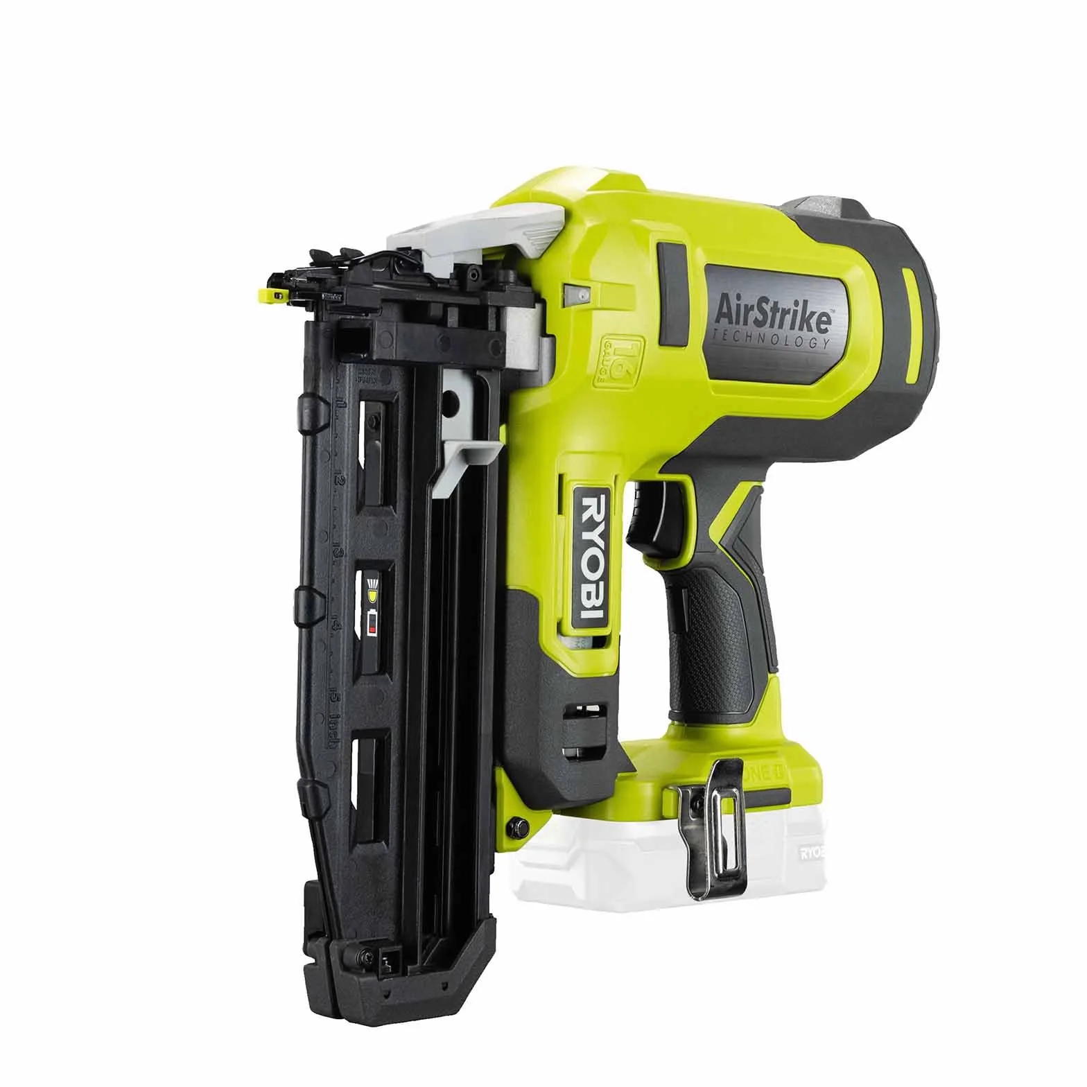 RYOBI - Clavadora de Acabado 16G Aire Comprimido 18V ONE+ - Punta 19-64mm - Cabezal 1,6mm - Cargador 100 Clavos - con 500 Clavos, 2 Puntas de Protección de Material, 1 Gancho de Cinturón - R16GN18-0