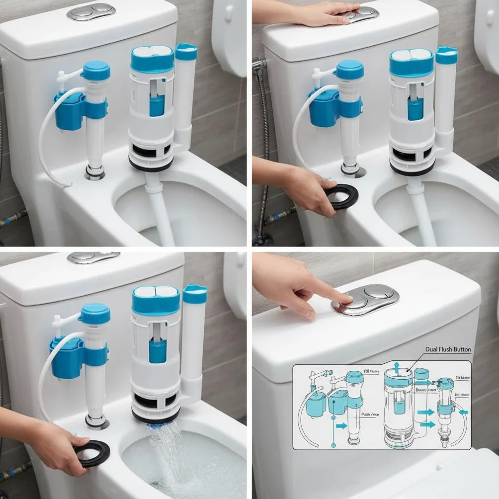 Sistema de descarga de inodoro de repuesto, Wieat Kit de cisterna de inodoro de doble descarga, botón pulsador para baño doméstico, válvula de llenado ajustable azul, adecuado para depósitos con una