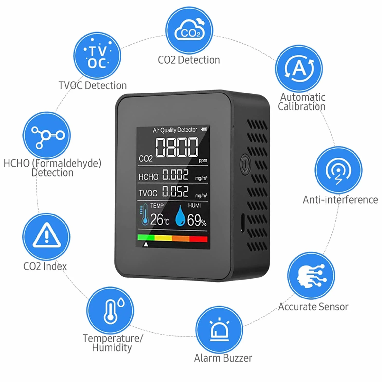 Monitor de Calidad del Aire CO2 Negro LCD TVOC HCHO Temperatura Humedad Medidor