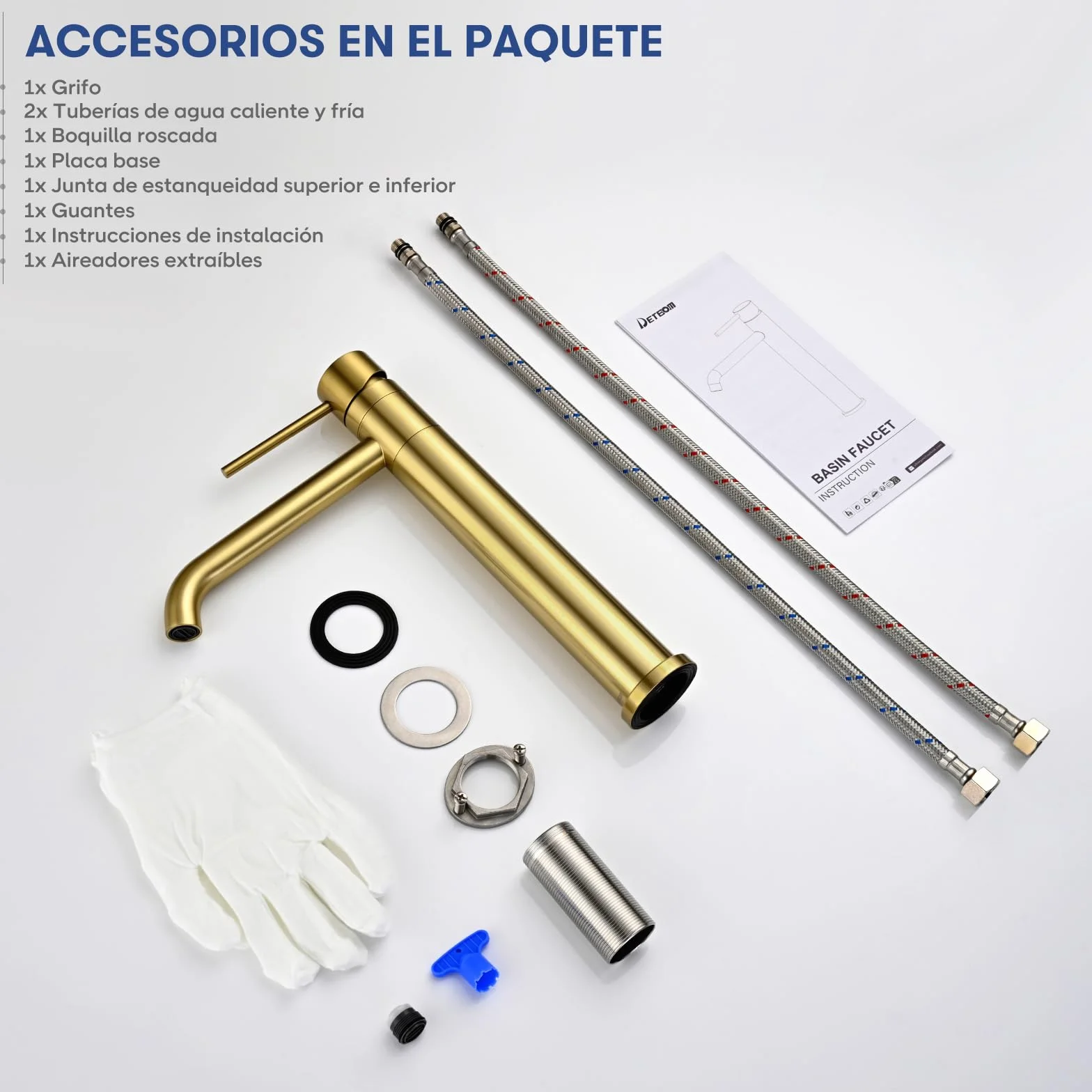 Grifo Lavabo Alto Giratorio 360°, DETBOM Grifo Monomando Agua Fría y Caliente, Grifos Dorado para Lavabo de Encimera, Mezclador de Baño, Acero Inoxidable 304, Aireador Extraíble, Oro Cepillado
