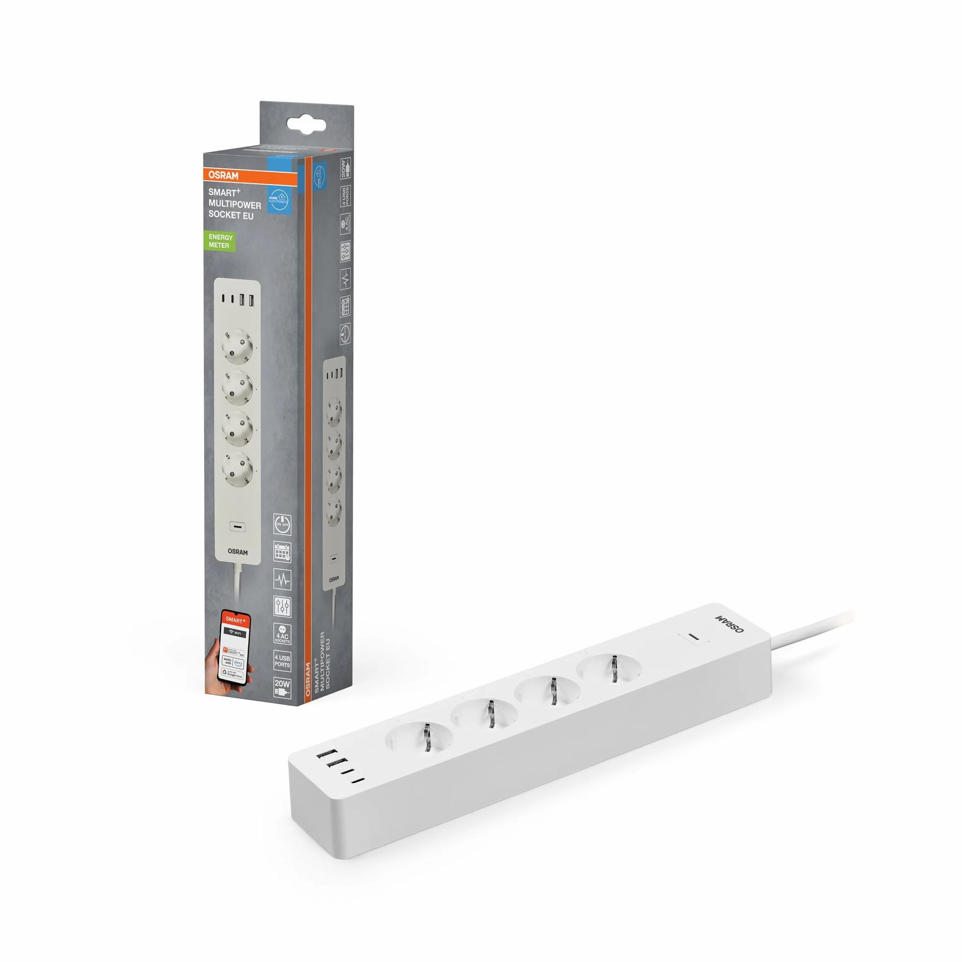 OSRAM SMART+Wifi Regleta de enchufes inteligente WiFi de 4 vías UE-UE con puertos USB inteligentes, protección IP20, para integrar dispositivos en el hogar inteligente