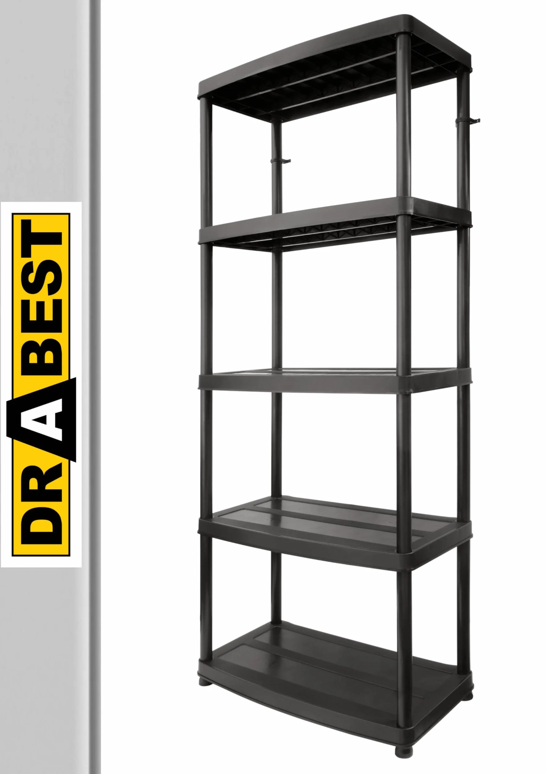 DRABEST - Estante de plástico - con 5 estantes - 180 cm de Alto, 74 cm de Ancho - de plástico Resistente - para sótano, Garaje, trastero, jardín - hasta 50 kg/Estante - Estante enchufable - Negro