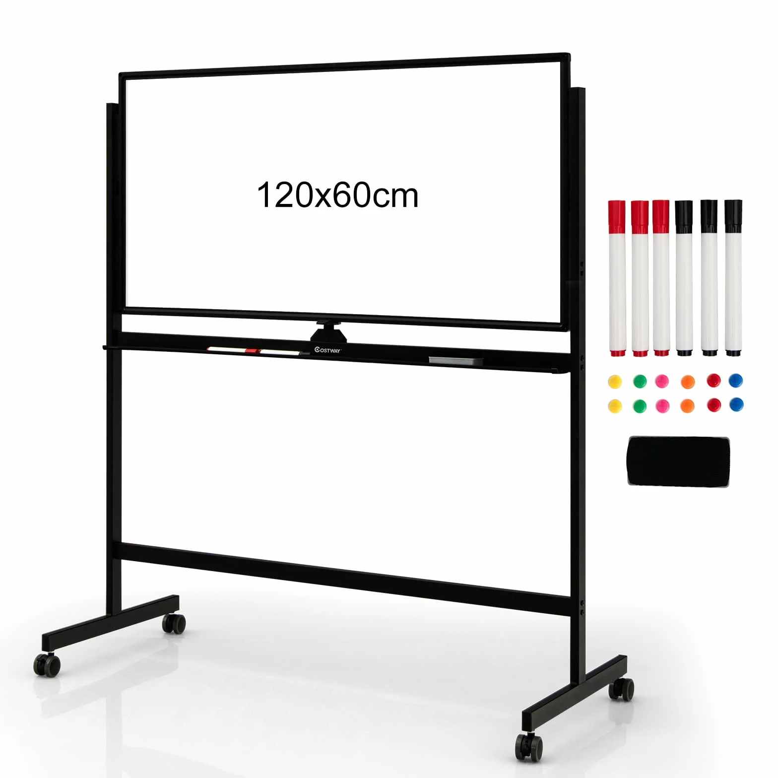COSTWAY Pizarra Móvil Magnética Doble Cara 120x60 cm con Ruedas, Ajustable