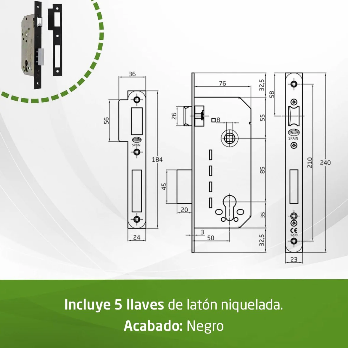 Amig - Cerradura de Embutir con Cilindro de Seguridad y Bocallave + 5 Llaves - Para Puertas de Madera de Entrada - De Acero Acabado en Negro - Picaporte Reversible - Para Manilla de 8 mm